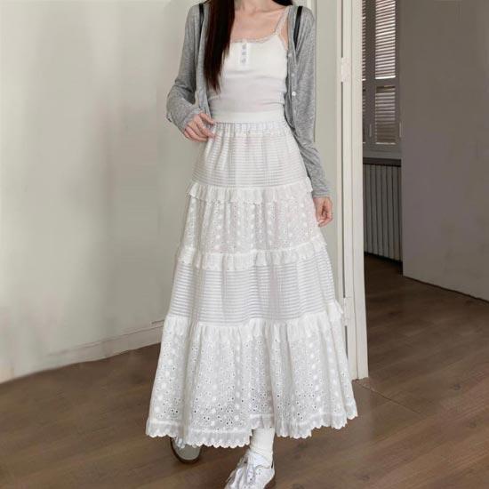 Lace White Long Skirt for Women Spring Summer High Waist A-Line Skirt Sweet A Line Cake Midi Skirts Y2k Female Clothing