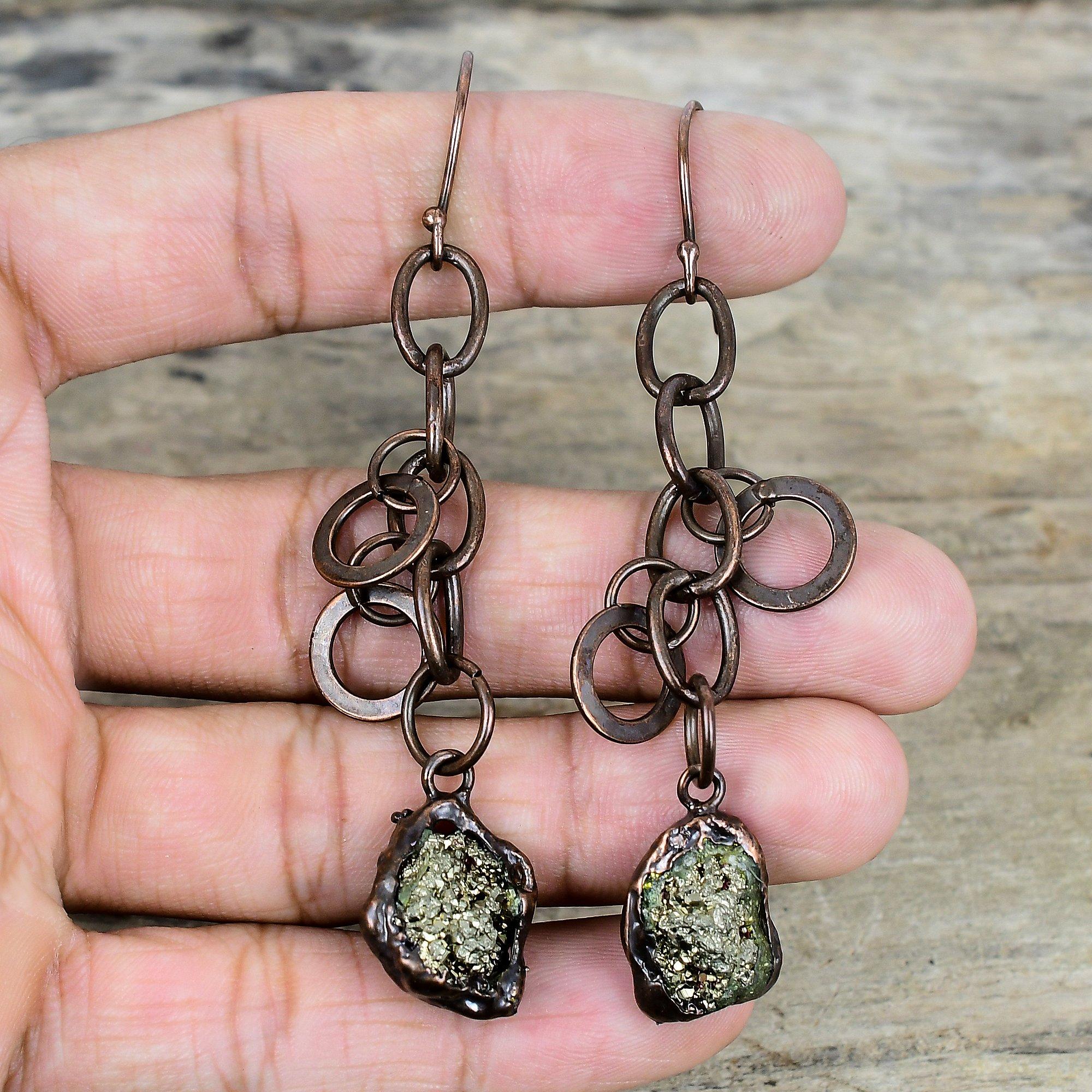 Pyrite Rough Earring Electroformed Copper Earrings Gemstone Jewelry Unique Earring Electroformed Jewelry Gifts for Mother Handmade Earrings