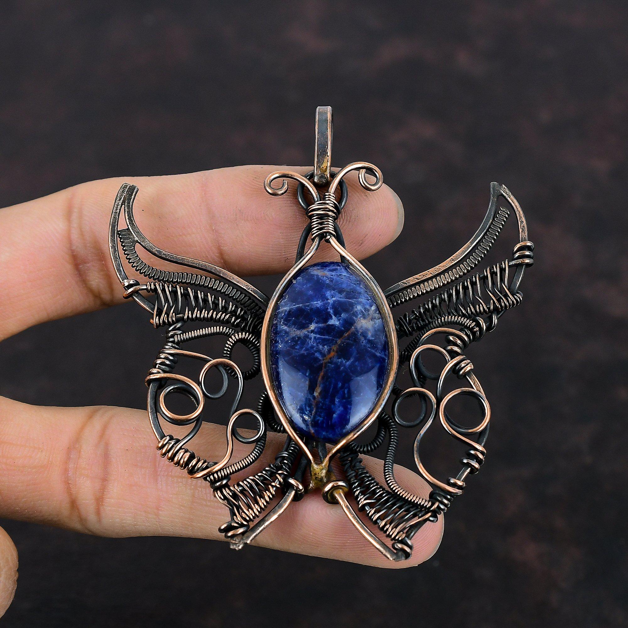 Sodalite Pendant Copper Wire Wrapped Pendant Butterfly Pendant Wire Wrap Jewelry Handmade Pendant Copper Jewelry Gemstone Pendant For Gifts