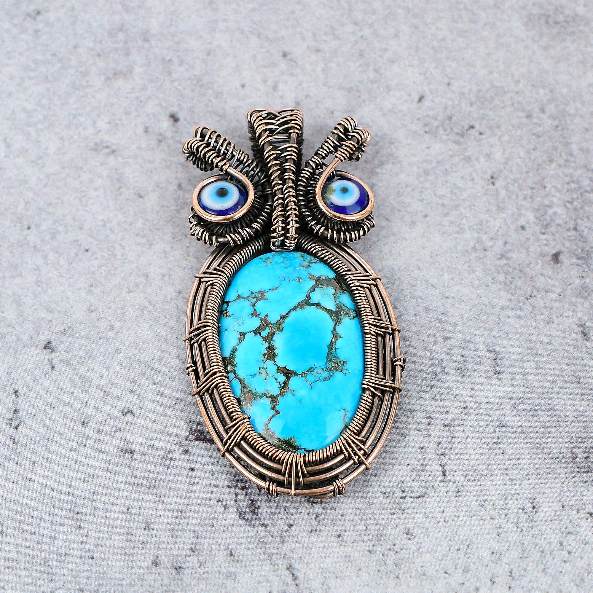 Tibetan Turquoise & Blue Evil Eye Pendant, 999 Copper Wire Wrapped Gemstone Jewelry, Handmade Pendant, For Thanksgiving