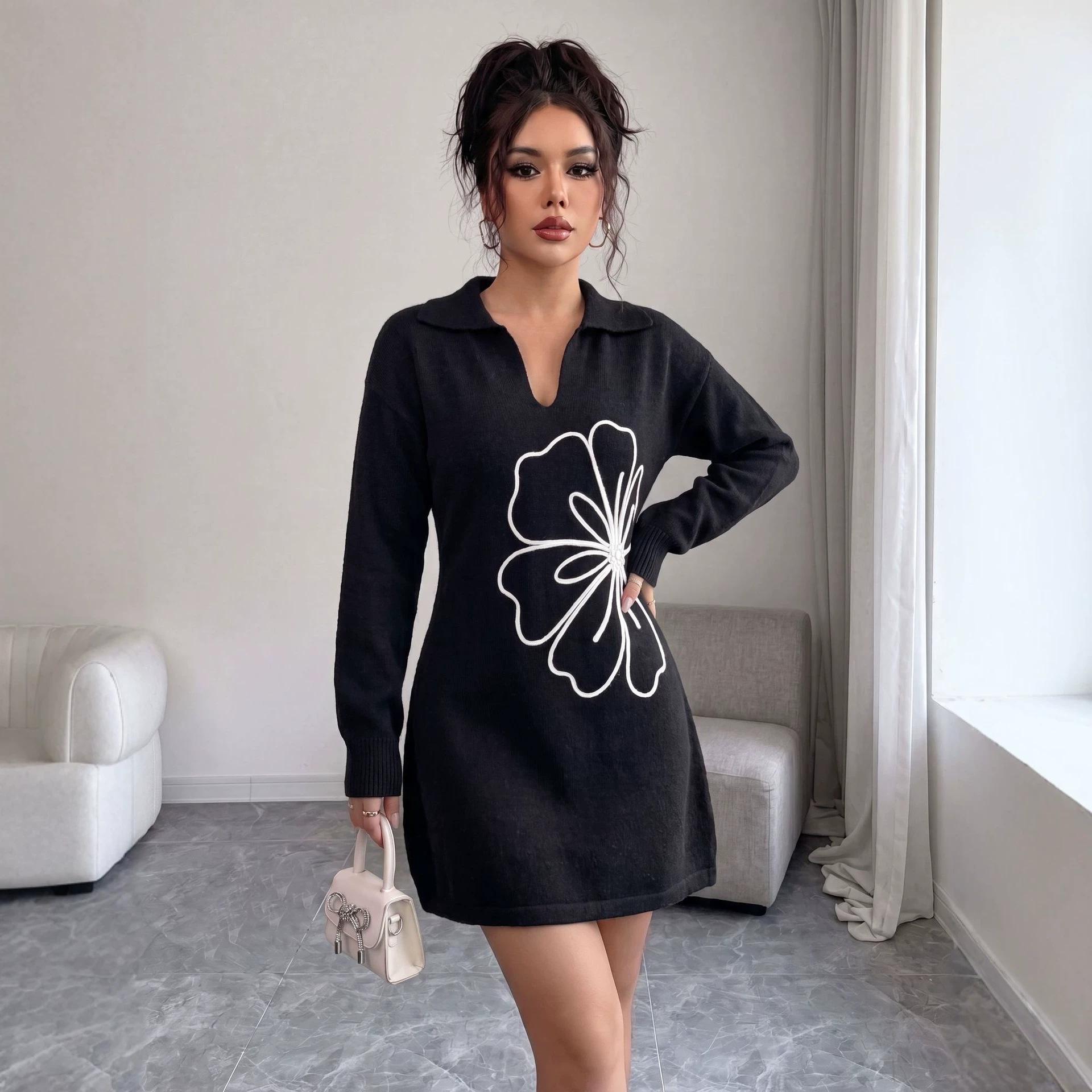 Women Autumn Winter Polo Collar Knit Mini Dress, 3D Floral Embroidery Long Sleeve Slim Waist Bodycon Short Sweater Dress
