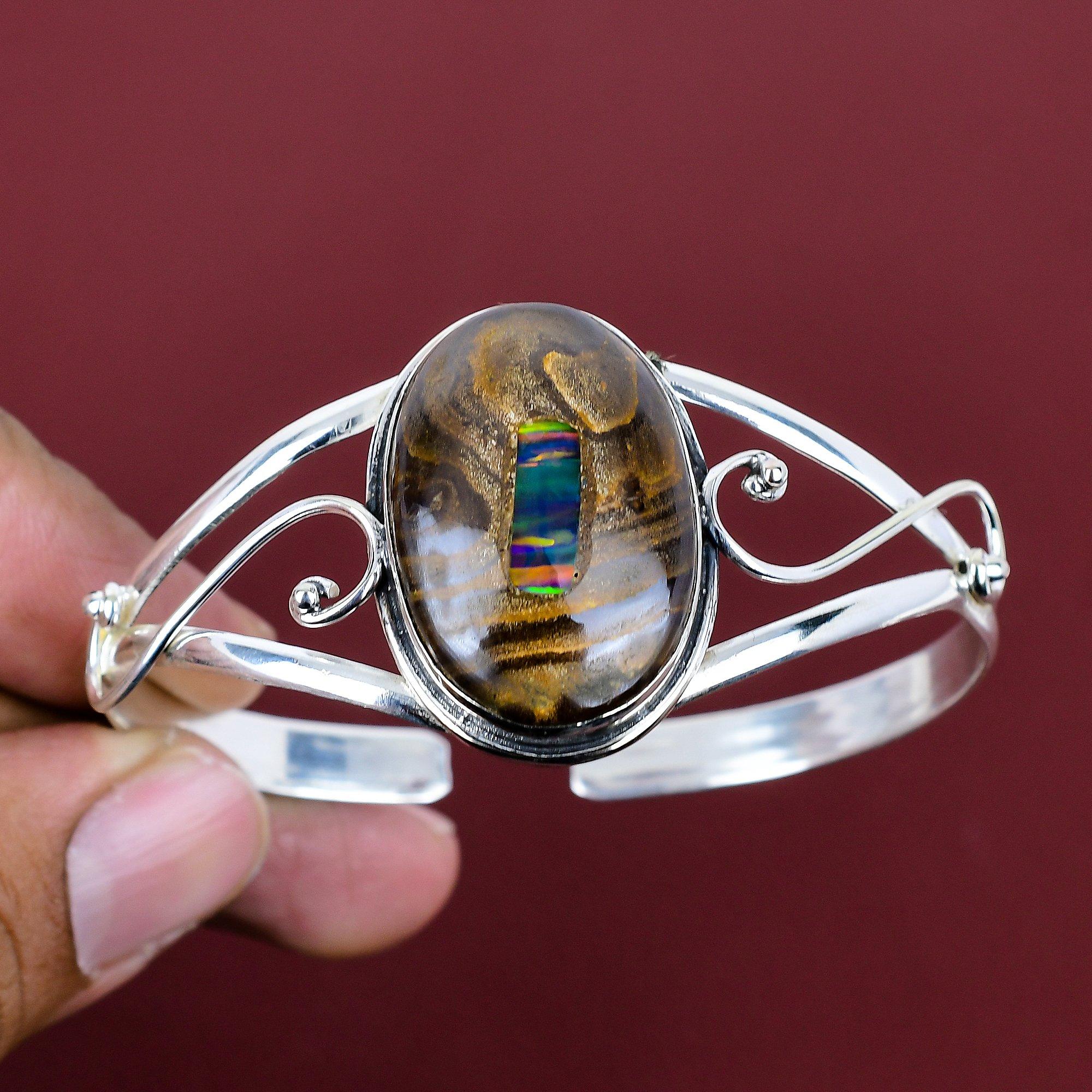 Ethopian Opal In Boulder Opal Gemstone Cuff Bracelet 925 Sterling Silver Bangle Adjustable Cuff Bracelet Handmade Jewelry Anniversary Gifts