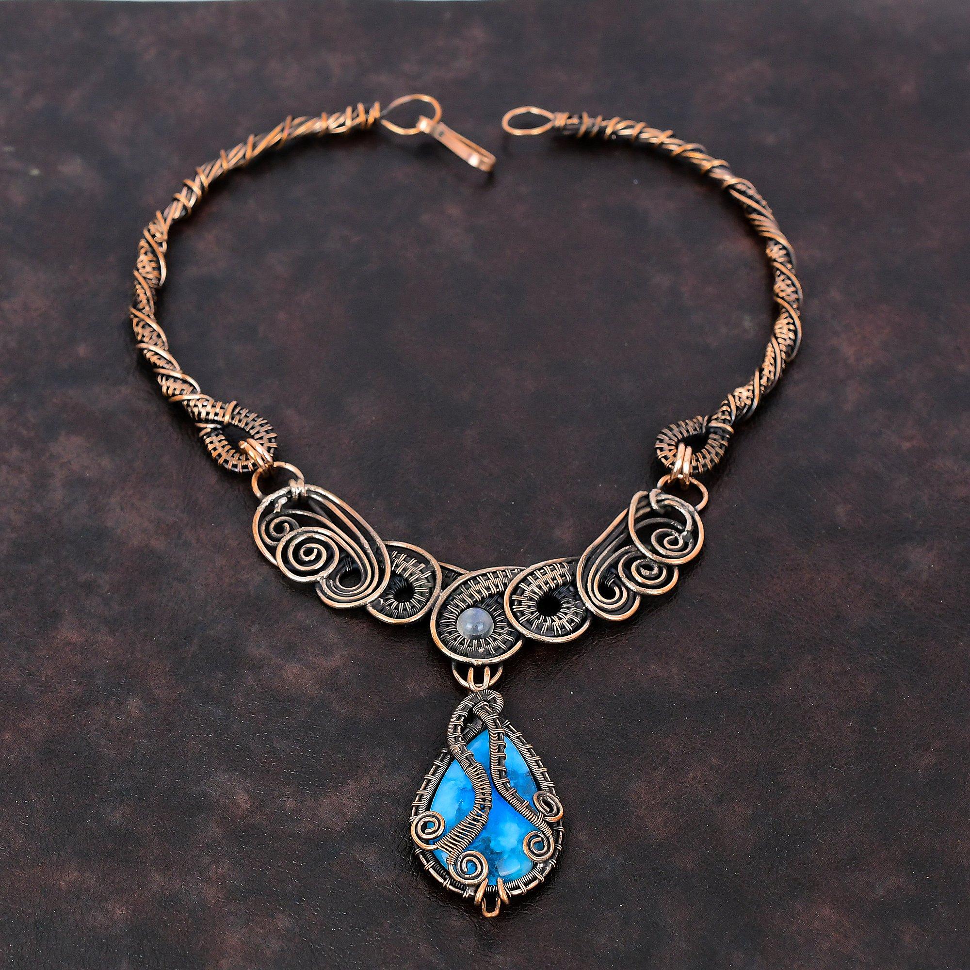 Collier Smithsonite Bijoux enveloppés de fil de cuivre Collier en pierres précieuses véritables Collier en cuivre fait à la main Collier en pierre de lune arc-en-ciel enveloppé de fil de cuivre