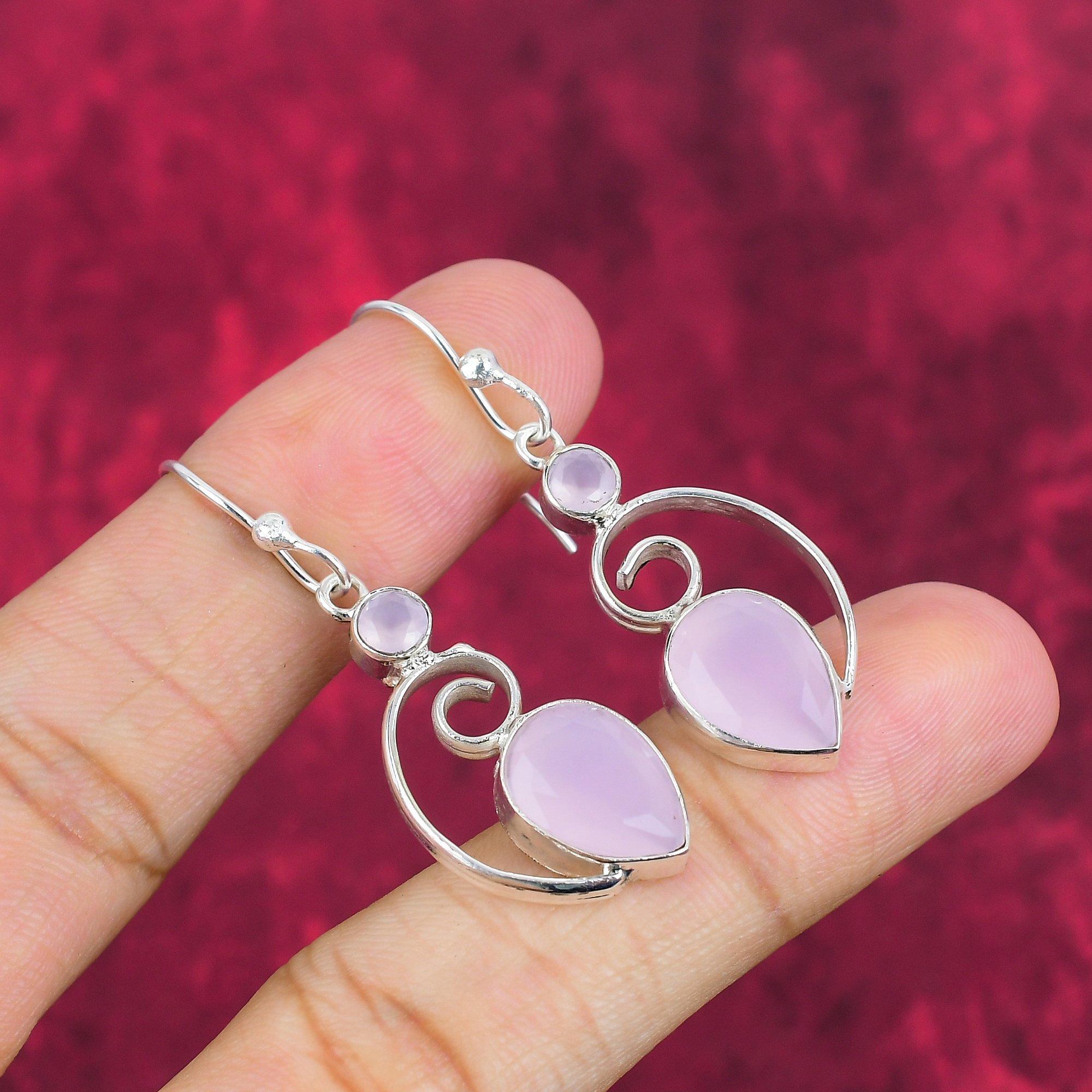 Cercei de calcedonie roz Bijuterii din piatră prețioasă, cercei lucrați manual din argint 925 solid, bijuterii de ultimă generație