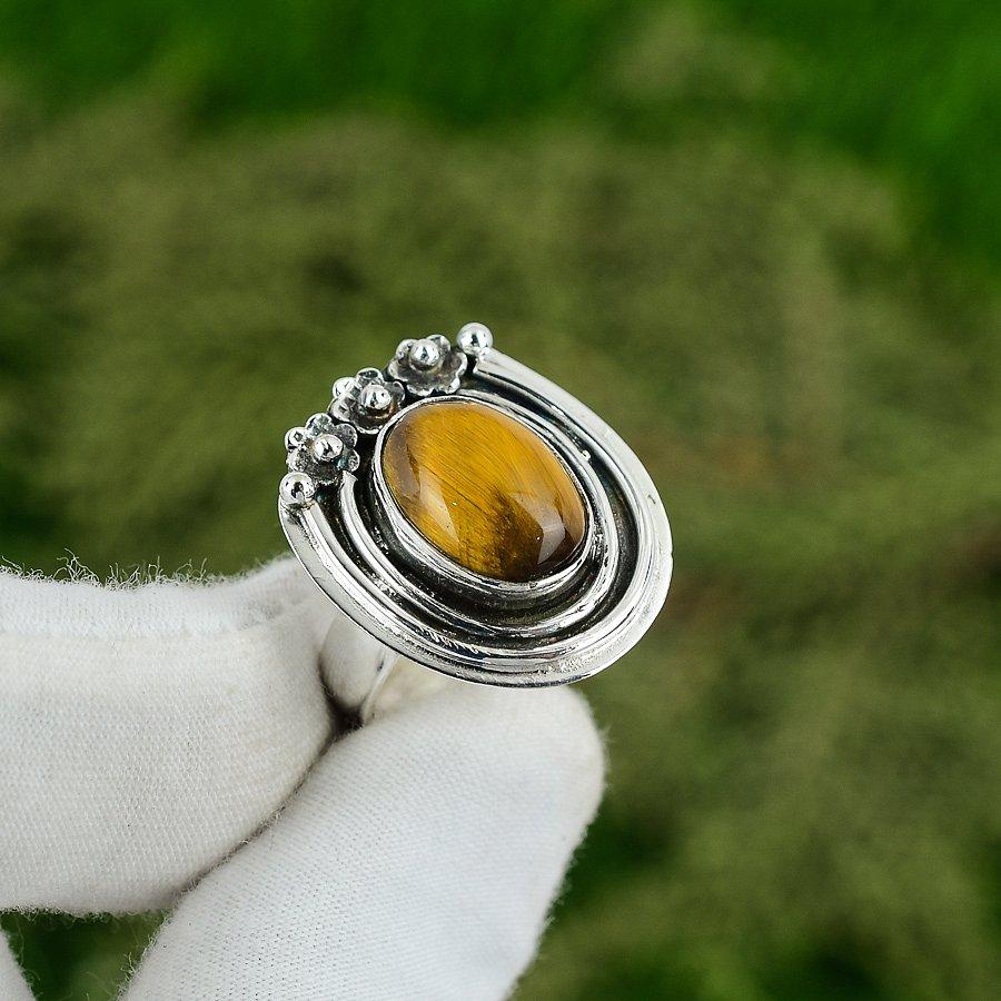 Natural Tiger Eye Gemstone 925 Silver Statement Adjustable Ring For Girls