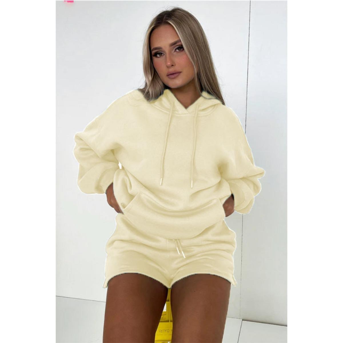 Autumn and Winter New Product Solid Color Thickened Velvet, Hooded Long Sleeve Hoodie, Women's Fashion Casual Shorts Set