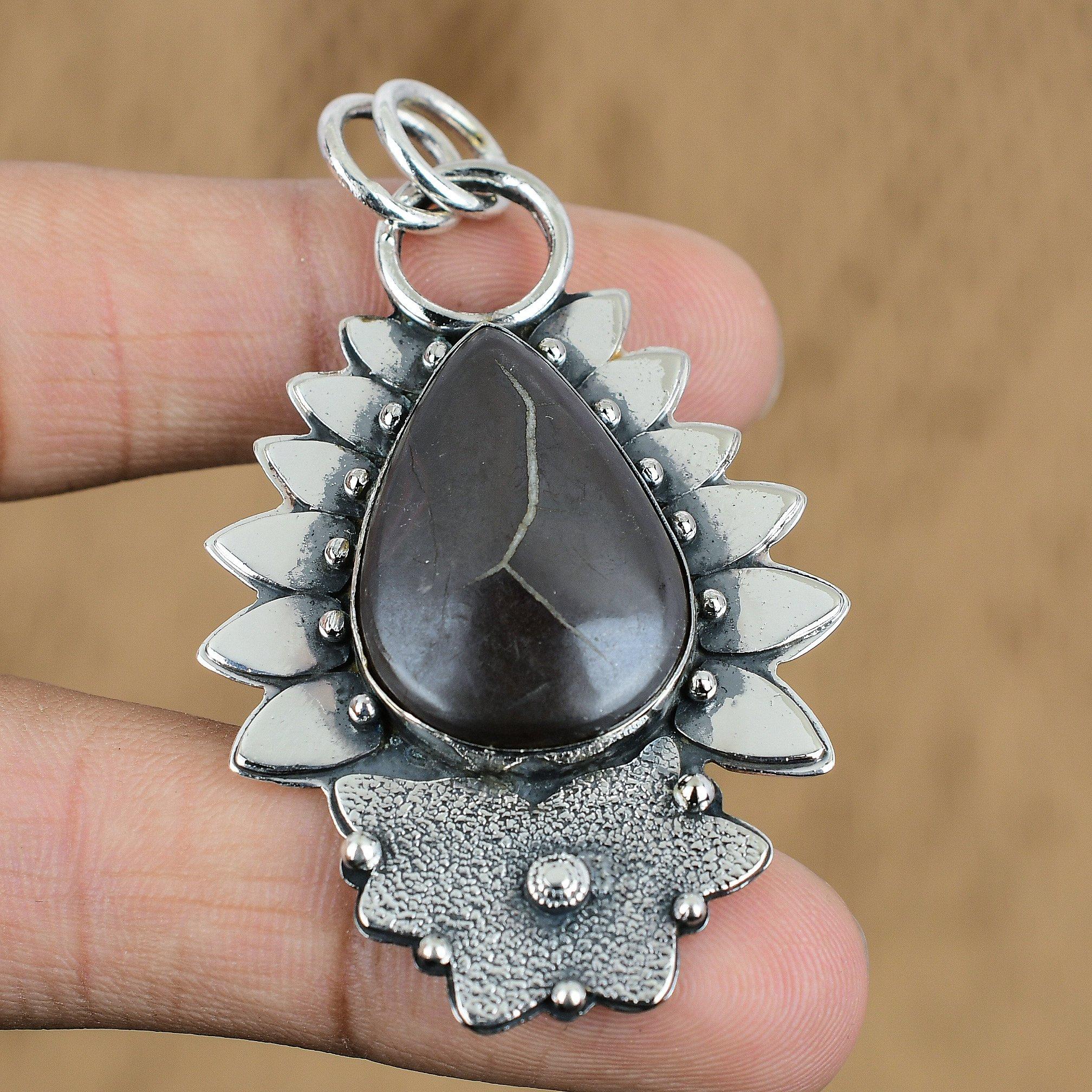 Gift For Her 925 Silver Natural Moroccan Mud Crack Fossil Gemstone Pendant