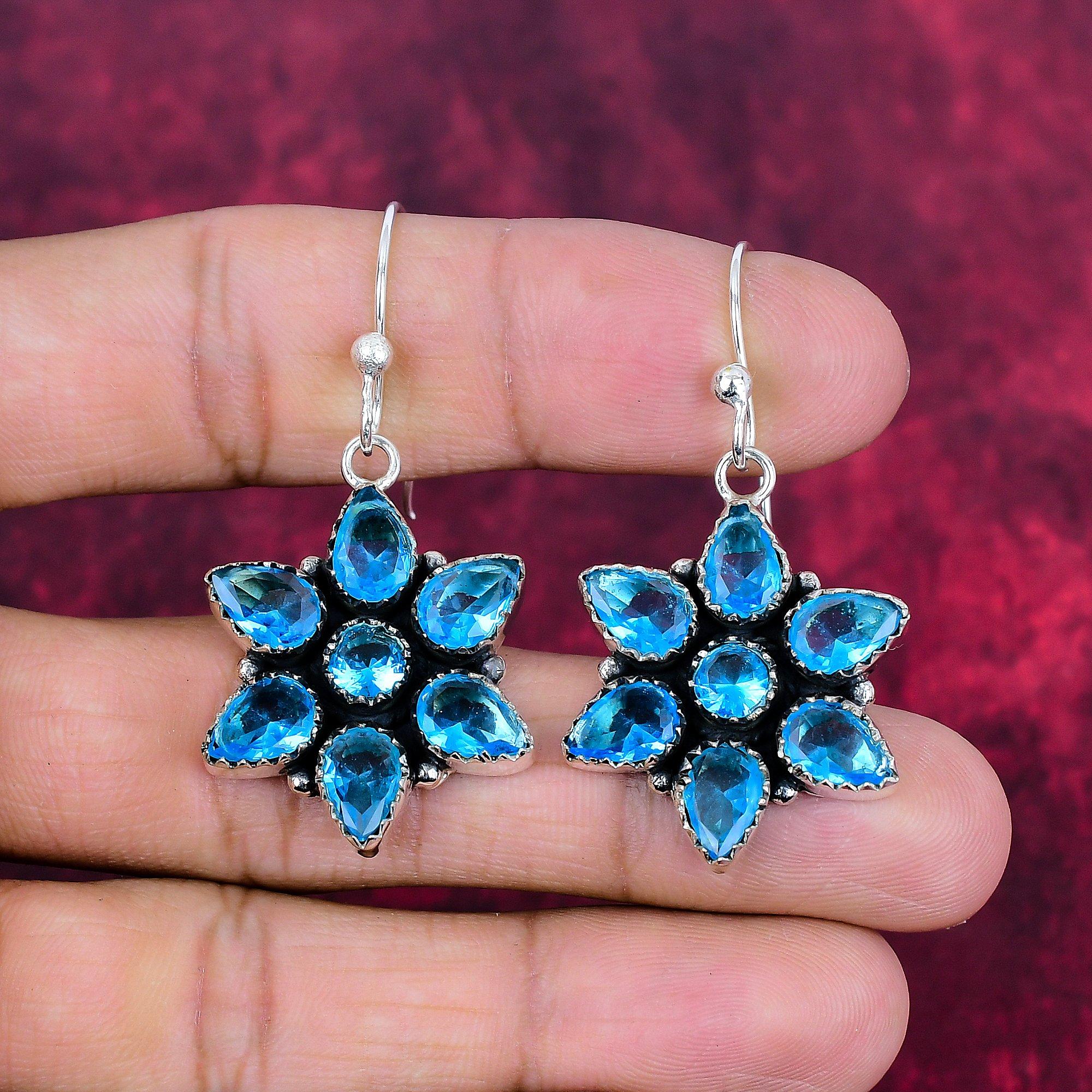 Blaue Topas Ohrringe, 925 Sterling Silber Edelstein Schmuck, handgefertigte Ohrringe, für Thanksgiving