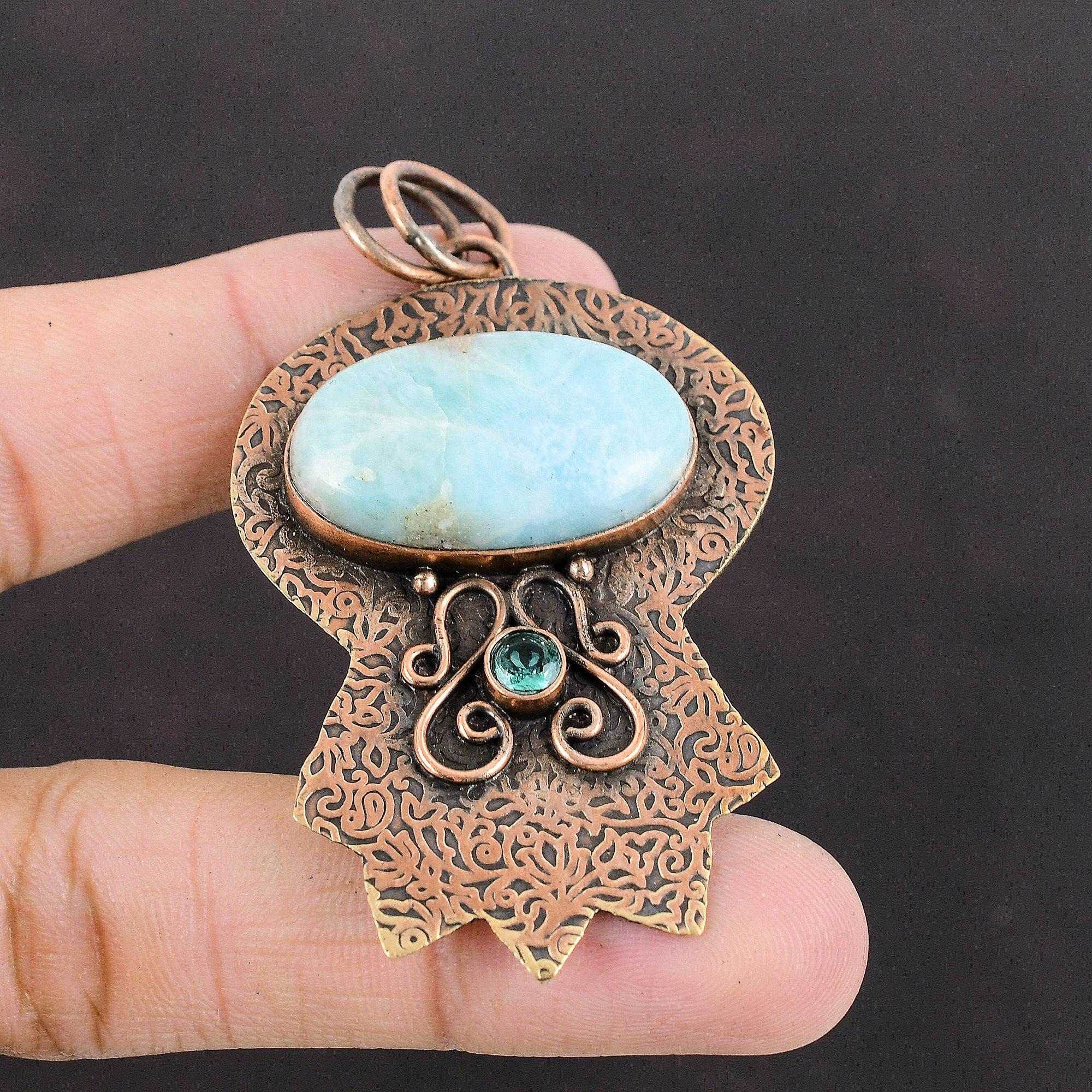 Larimar Pendant Swiss Blue Topaz Pendant Copper Pendant Gemstone Jewelry Stylish Pendant Unique Copper Jewelry Gift For Her Handmade Pendant