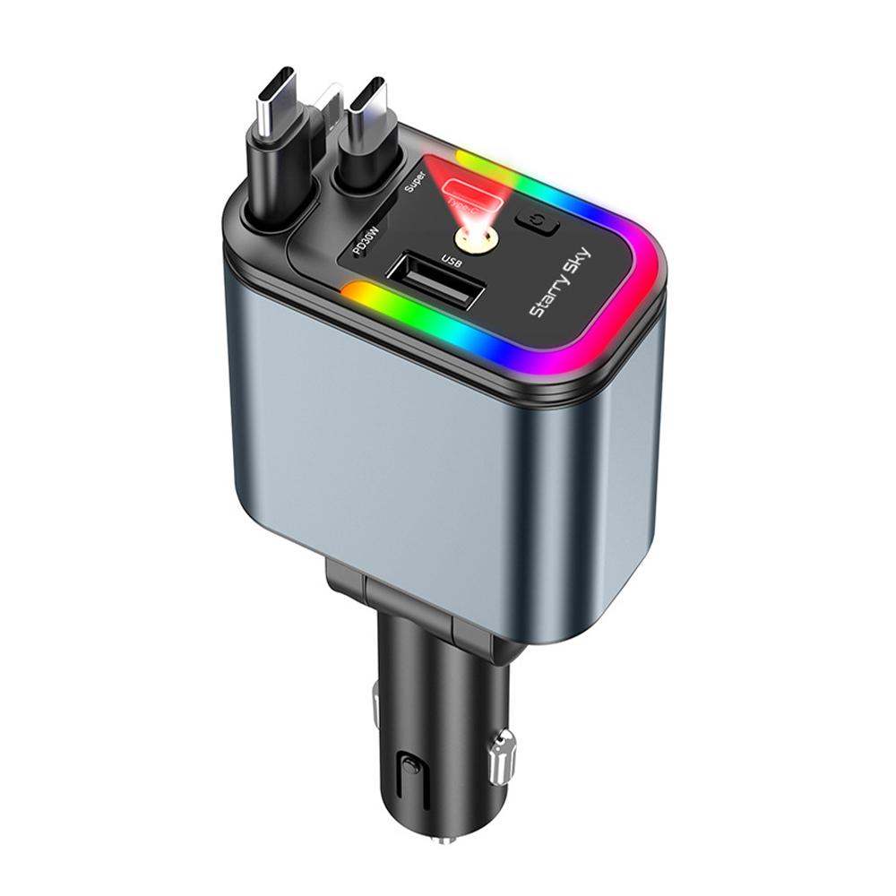 180W 5 In1 Car Charger Adapter with 2 Retractable Cable Fast Charging Car Phone Charge with Ambient Light Car Roof Light 5in1 Power Adapter