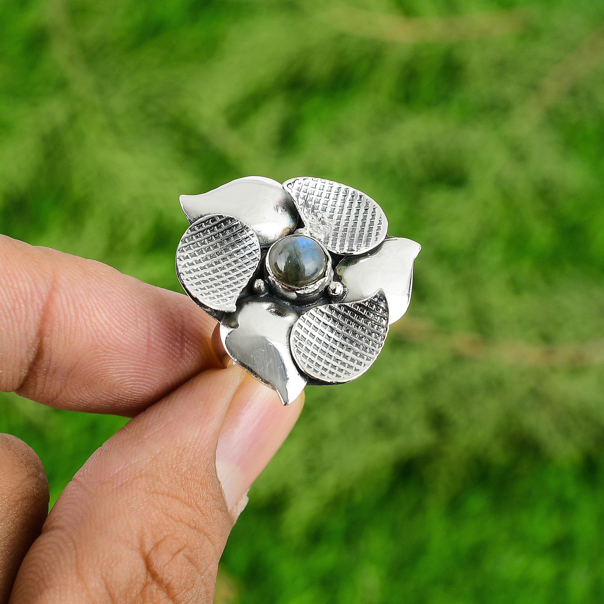 Gift For Her Natural Labradorite Multi Stone Flower Adjustable Ring 925 Silver
