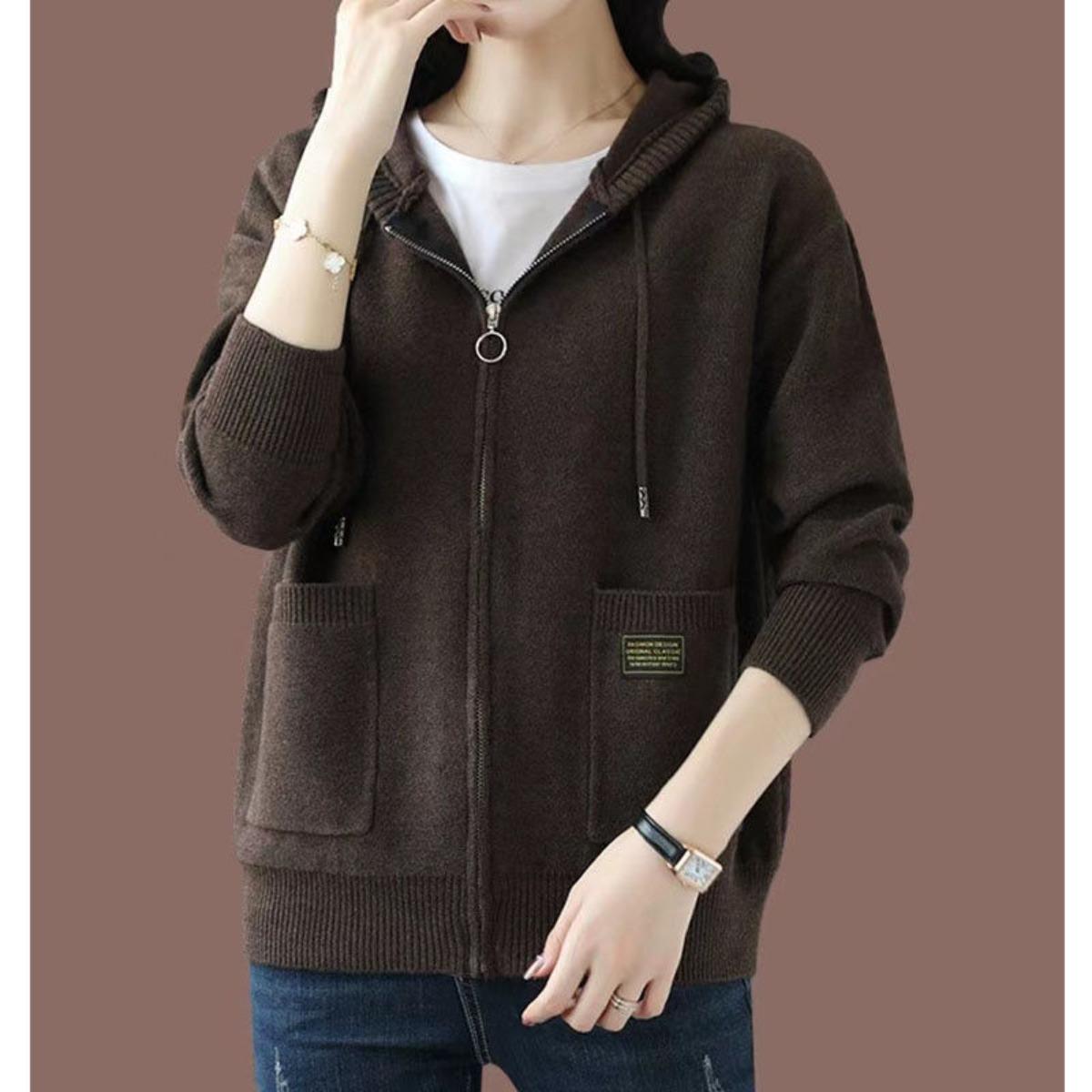 Spring and Autumn Hooded Knitted Top, Casual and Fashionable, External Zipper Sweater, Cardigan Jacket, Women's