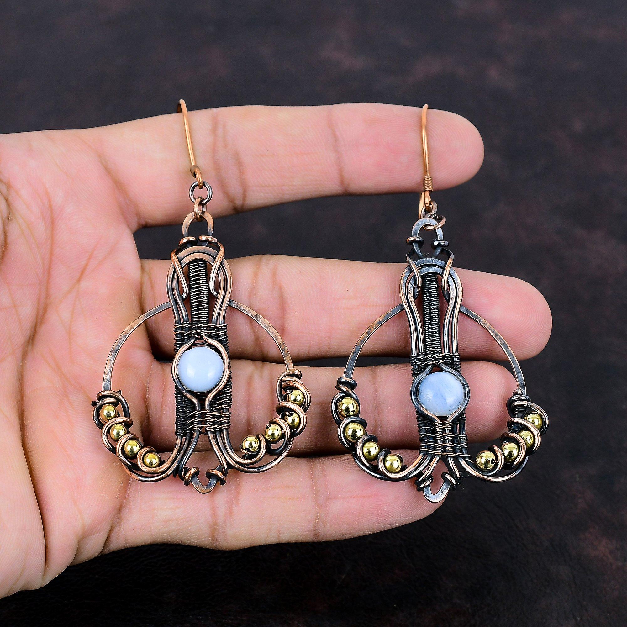 Cercei Agat Albastru Dantelat Înfășurați cu Sârmă de Cupru Cercei cu Piatră Prețioasă Bijuterii din Cupru Agat Albastru Dantelat Lucrate Manual Design Nou Cercei Cadou Pentru Mamă