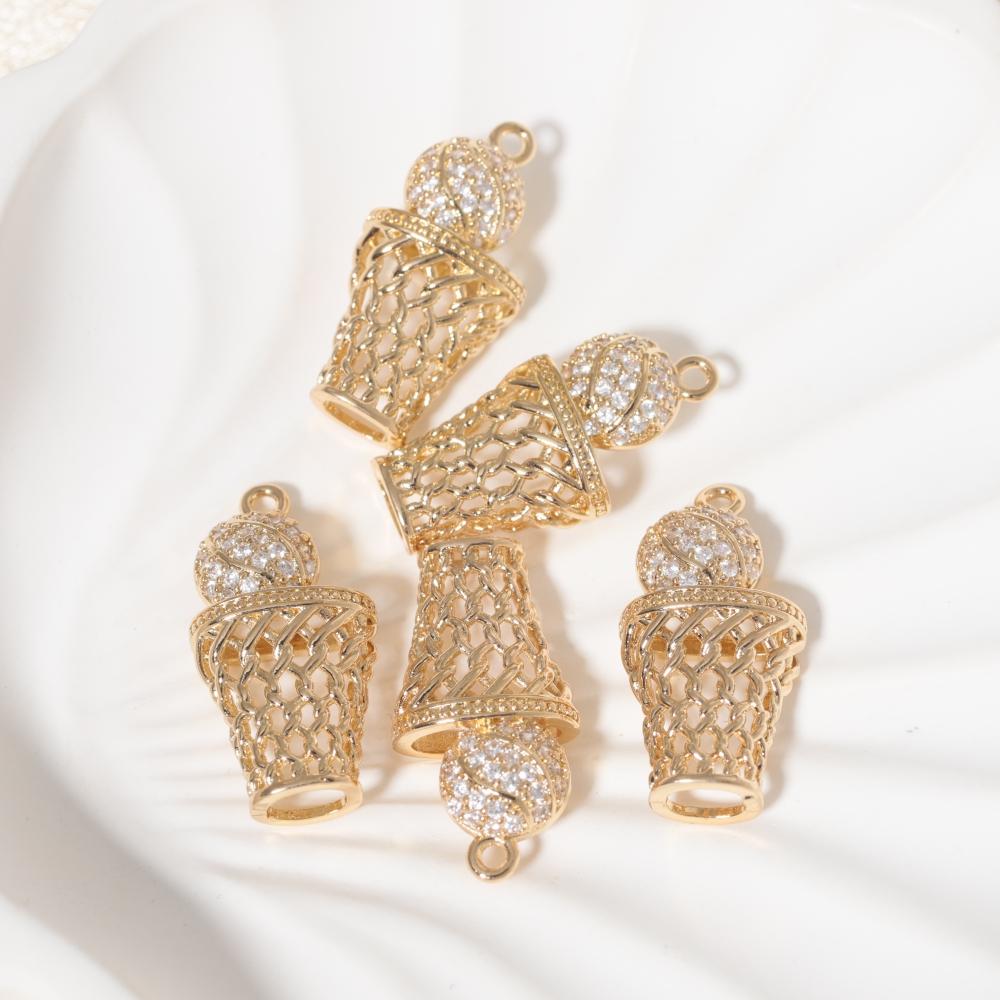 Zirconia Basketball Copper Charms, Golden Plated DIY Jewelry Pendants for Earring Necklace Craft