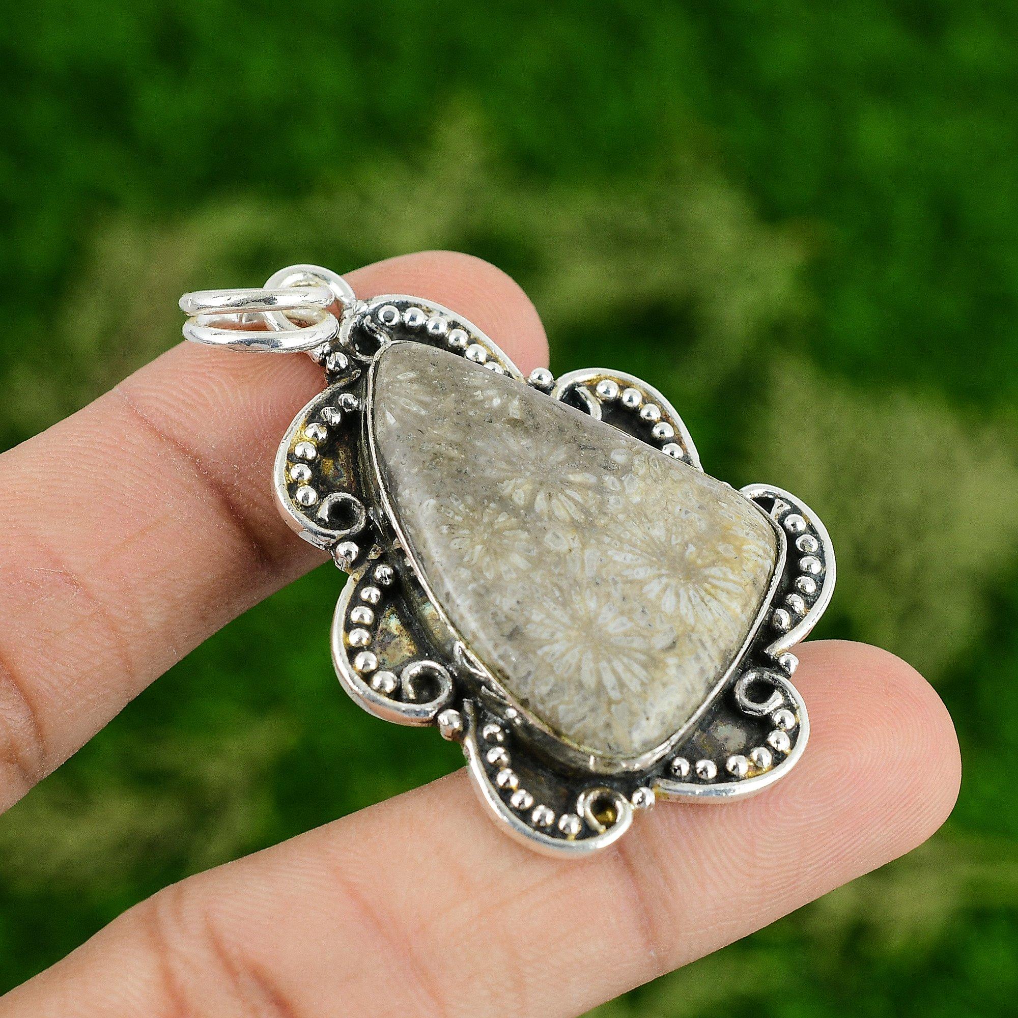 Fossil Coral Gemstone Anniversary Ethnic Wedding New Pendant 925 Sterling Silver