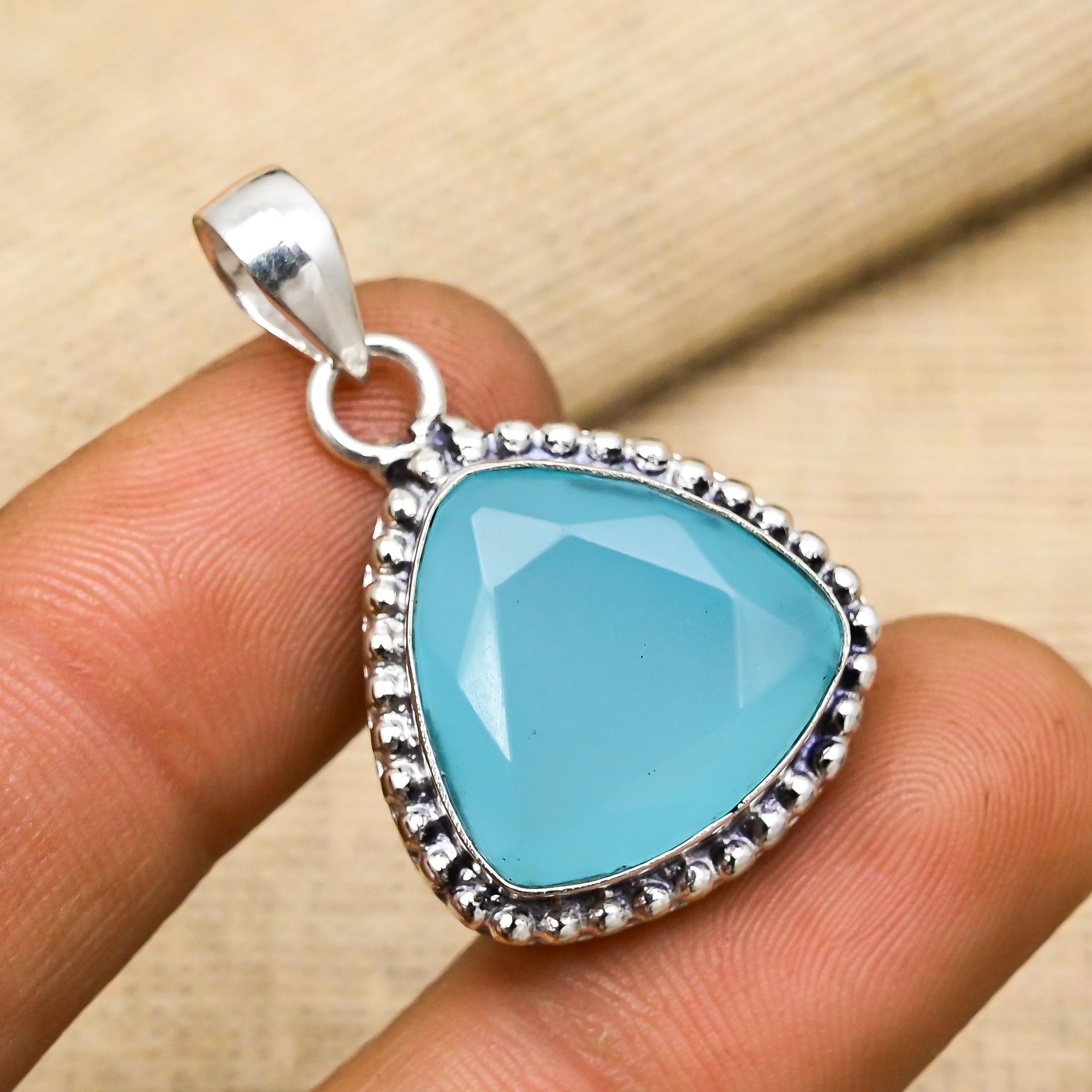 AAA+ Aqua Chalcedony Gemstone 925 Sterling Silver Handmade Jewelry Unique Pendant