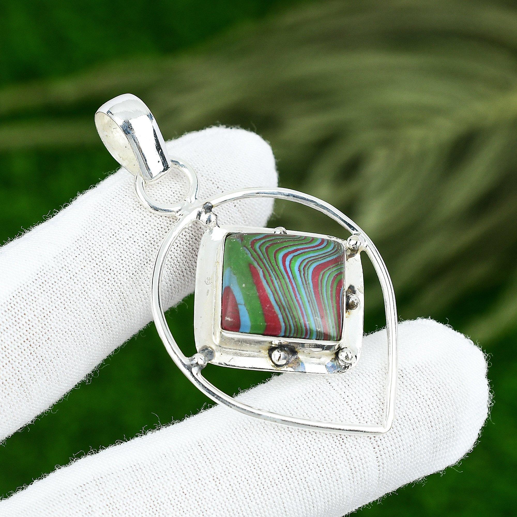 Birthday Gift For Her Natural Rainbow Calsilica Gemstone Pendant 925 Silver