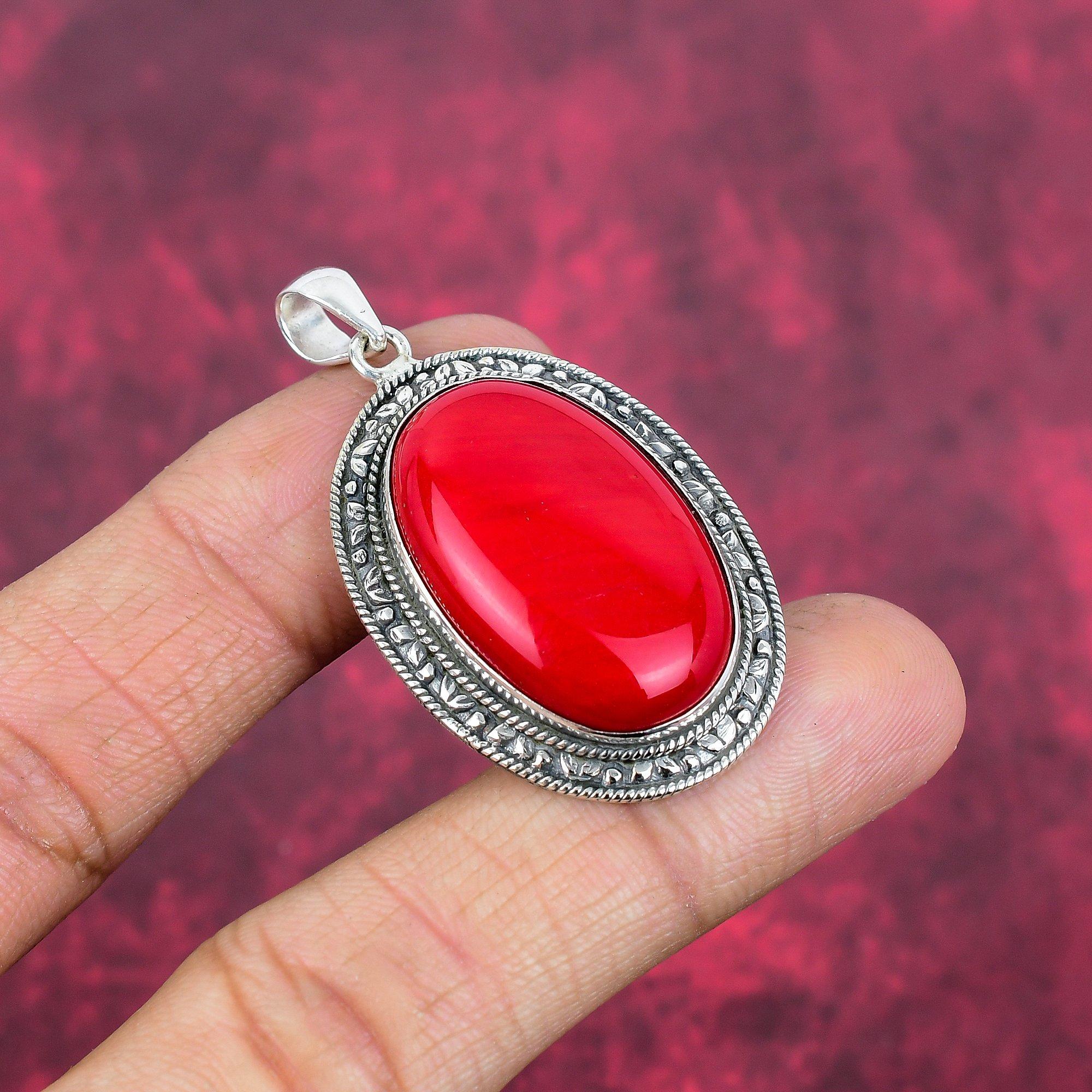 Red Coral Handmade Gemstone Pendant, 925 Solid Sterling Silver Pendant Antique Jewelry, For Engagement Gift