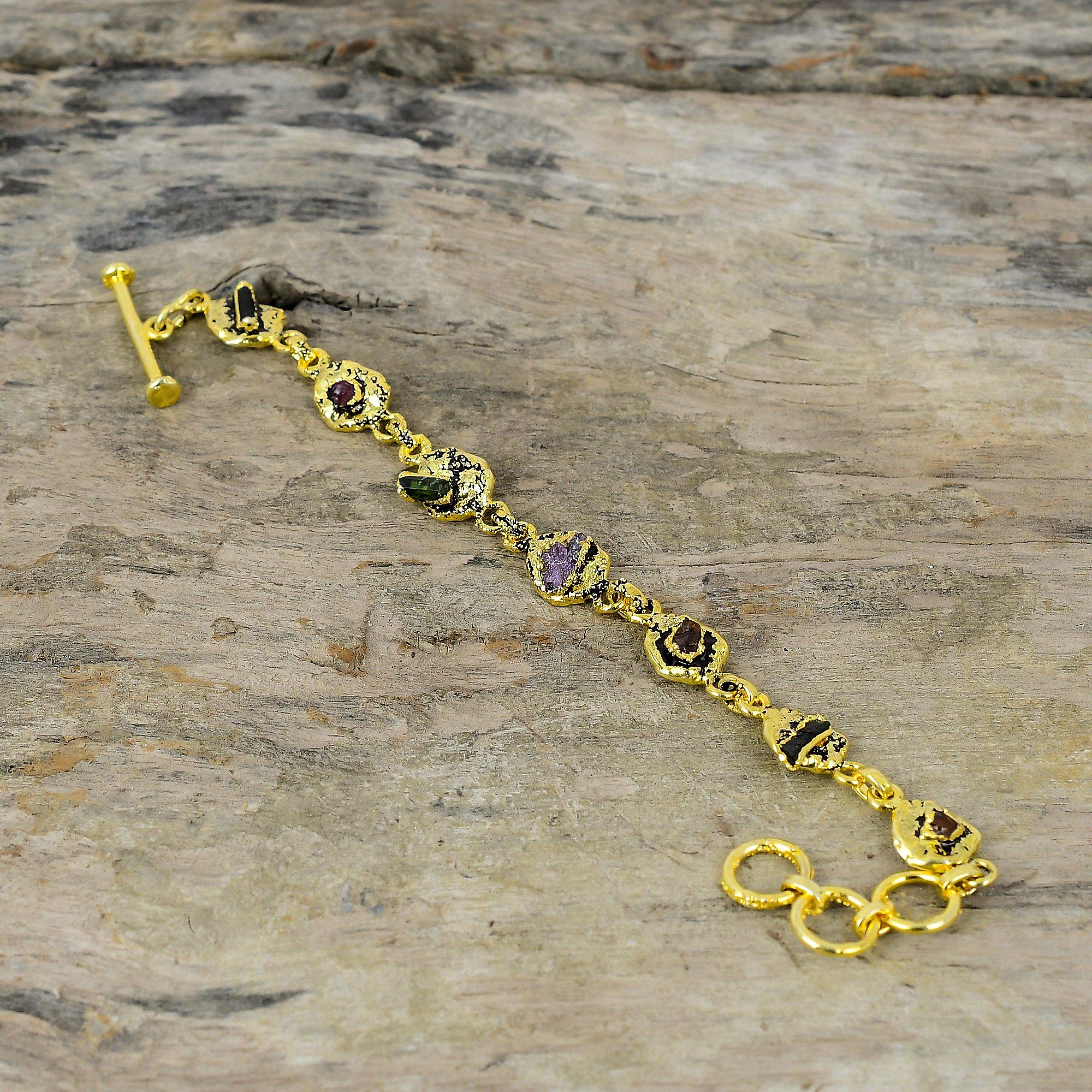 Multi Tourmaline Rough Bracelet Electroformed Copper Bracelet Gold Plated Adjustable Chain Bracelet Handmade Gemstone Jewelry Gift For Him