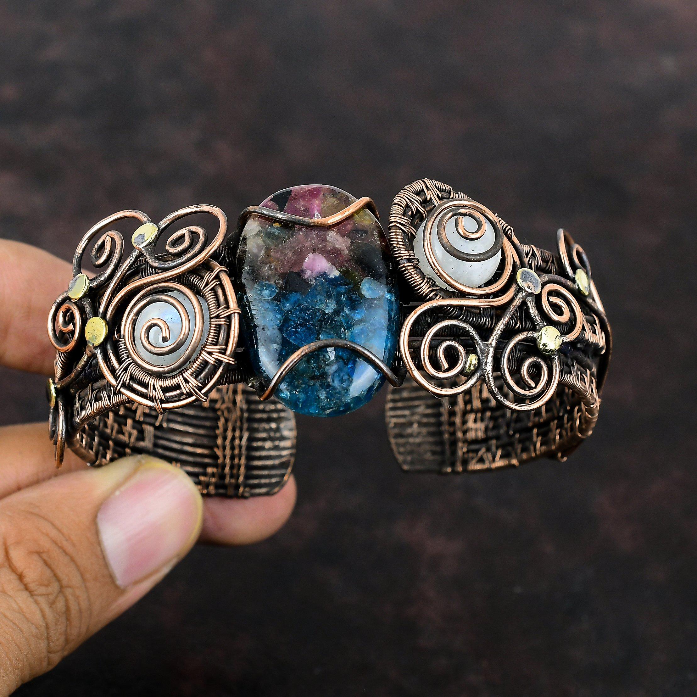 Watermelon Tourmaline Bangle Copper Wire Wrapped Gemstone Cuff Bracelet Adjustable Bangle Handmade Moonstone Bangle Copper Jewelry For Gift