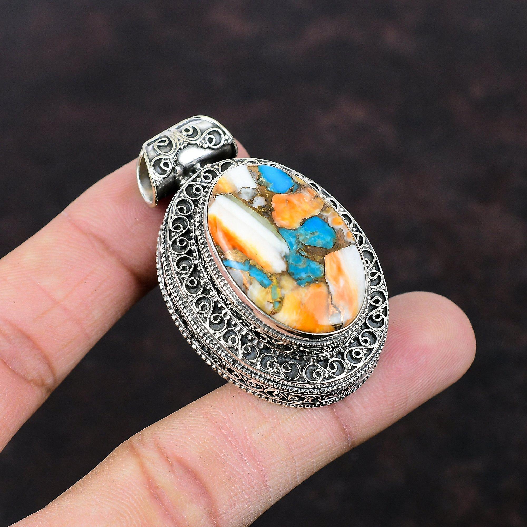 Spiny Oyster Copper Turquoise Pendant Original Gemstone Pendant 925 Sterling Silver Pendant Vintage Jewelry Handmade Pendant Gift For Women