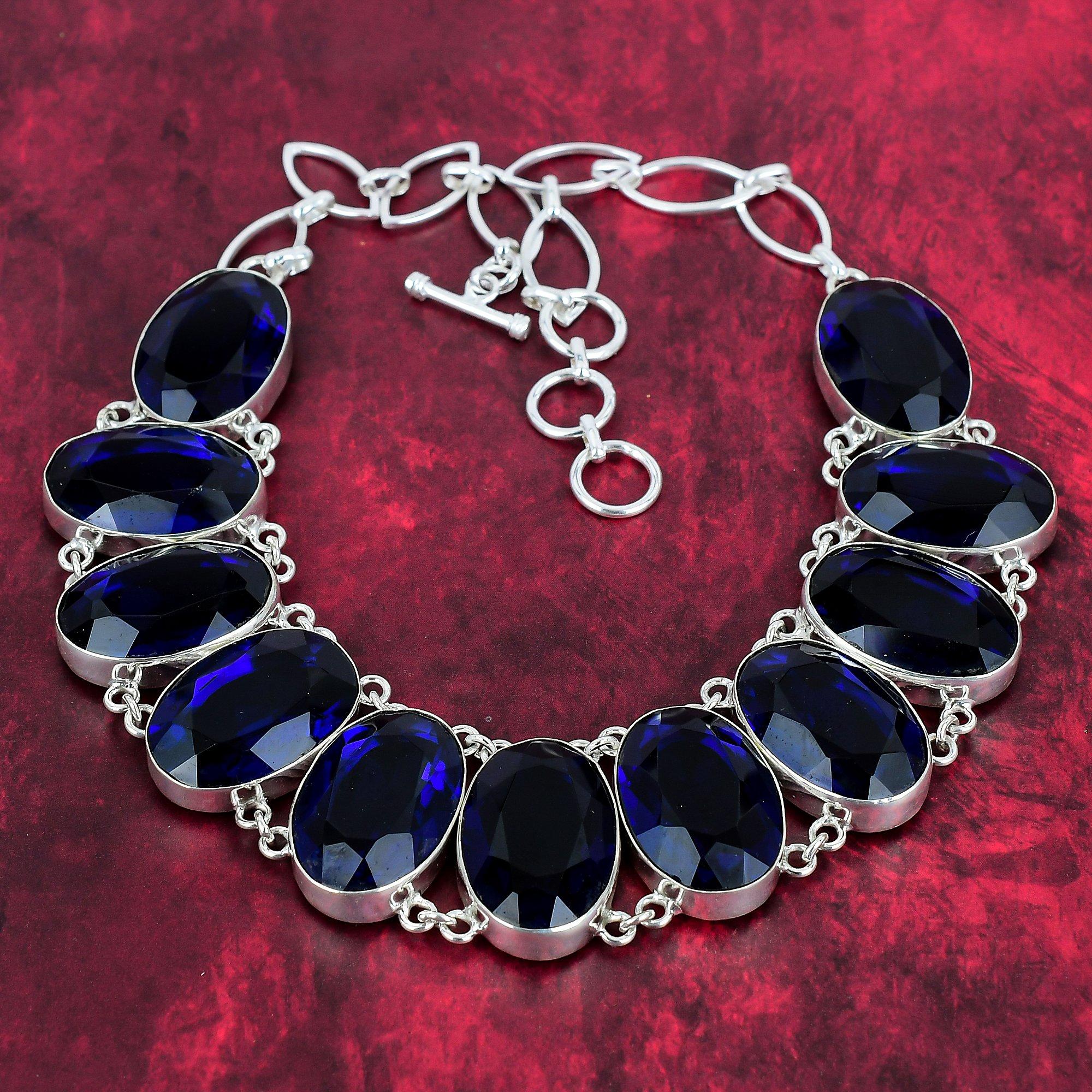 Faceted Blue Sapphire Necklace, Gemstone Handmade Jewelry, 925 Solid Sterling Silver Necklace Jewelry Gift For Weeding