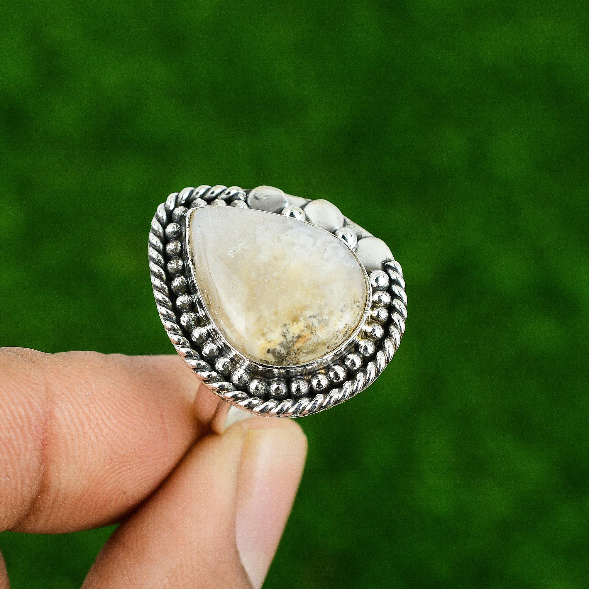 Mothers day Sale 925 Silver Plume Agate Stone Trendy Bezel Unique Promise Ring