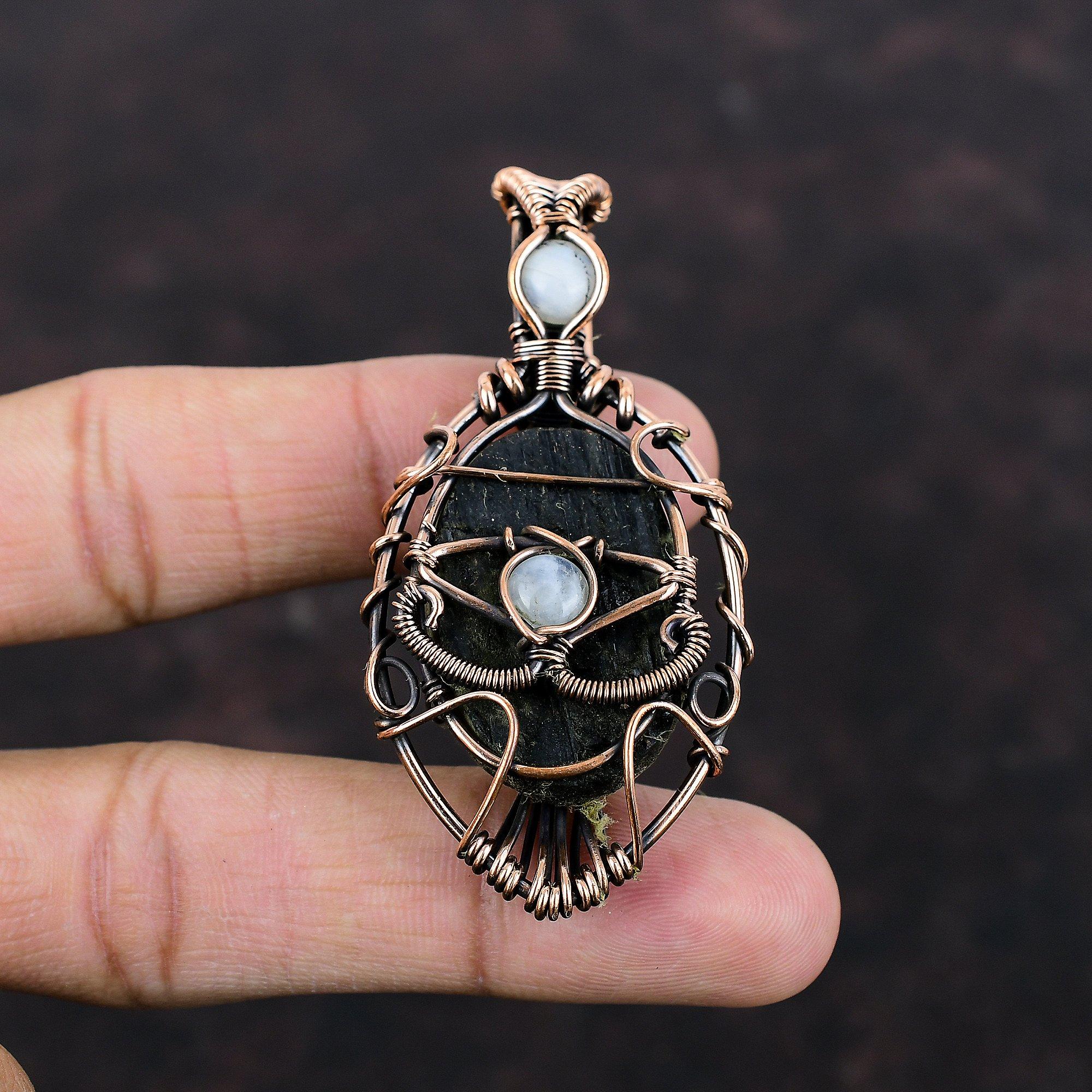 Black Tourmaline Rough Pendant Copper Wire Wrapped Pendant Moonstone Gemstone Jewelry Handmade Evil Eye Pendant Copper Jewelry Gift For Her