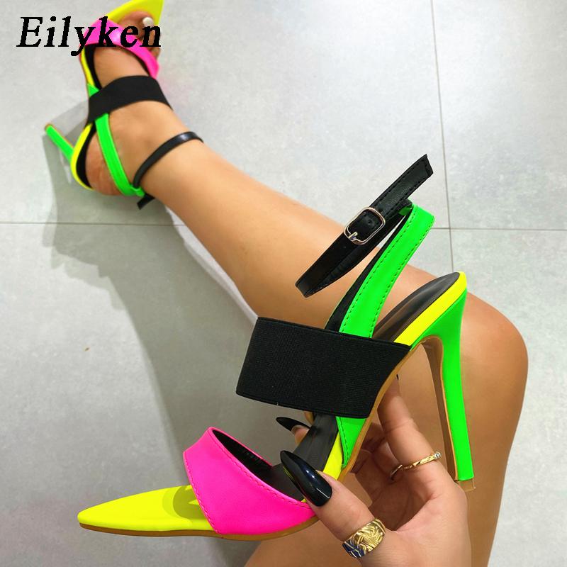 Pesstwei Modische Color-Blocked High Heel Damenschuhe Größe 35-42 Spitz Hohl Feiner Absatz Sandalen Größe 35-42