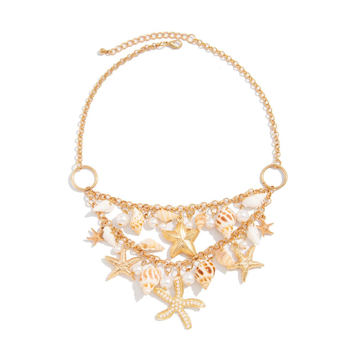 Boho Ocean Starfish Conch Tassel Pendant Choker Necklace Chain Bracelet Summer Beach Vacation Jewelry Set Gift