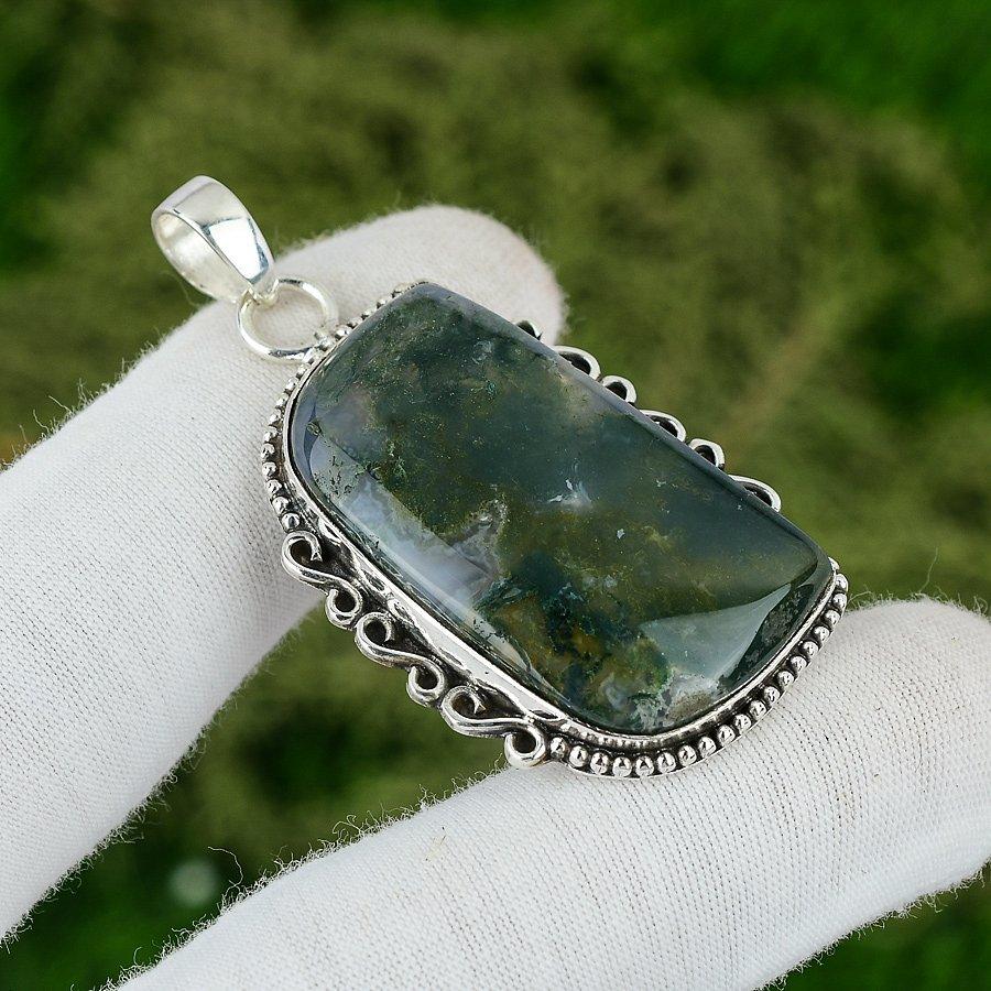 Gift For Her 925 Sterling Silver Natural Solar Moss Agate Gemstone Pendant