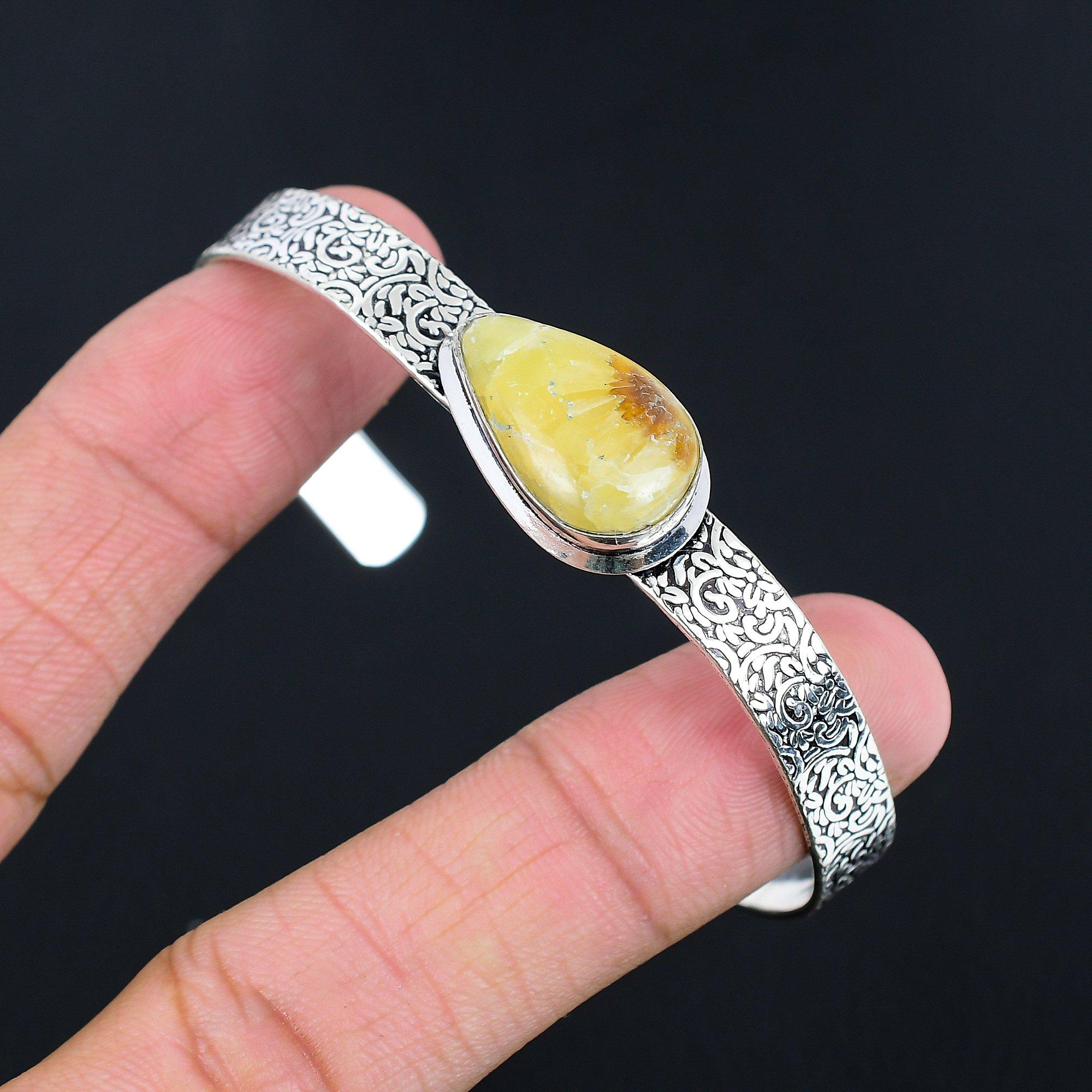 Natural Septarian Gemstone Bangle Yellow Adjustable 925 Sterling Silver Jewelry