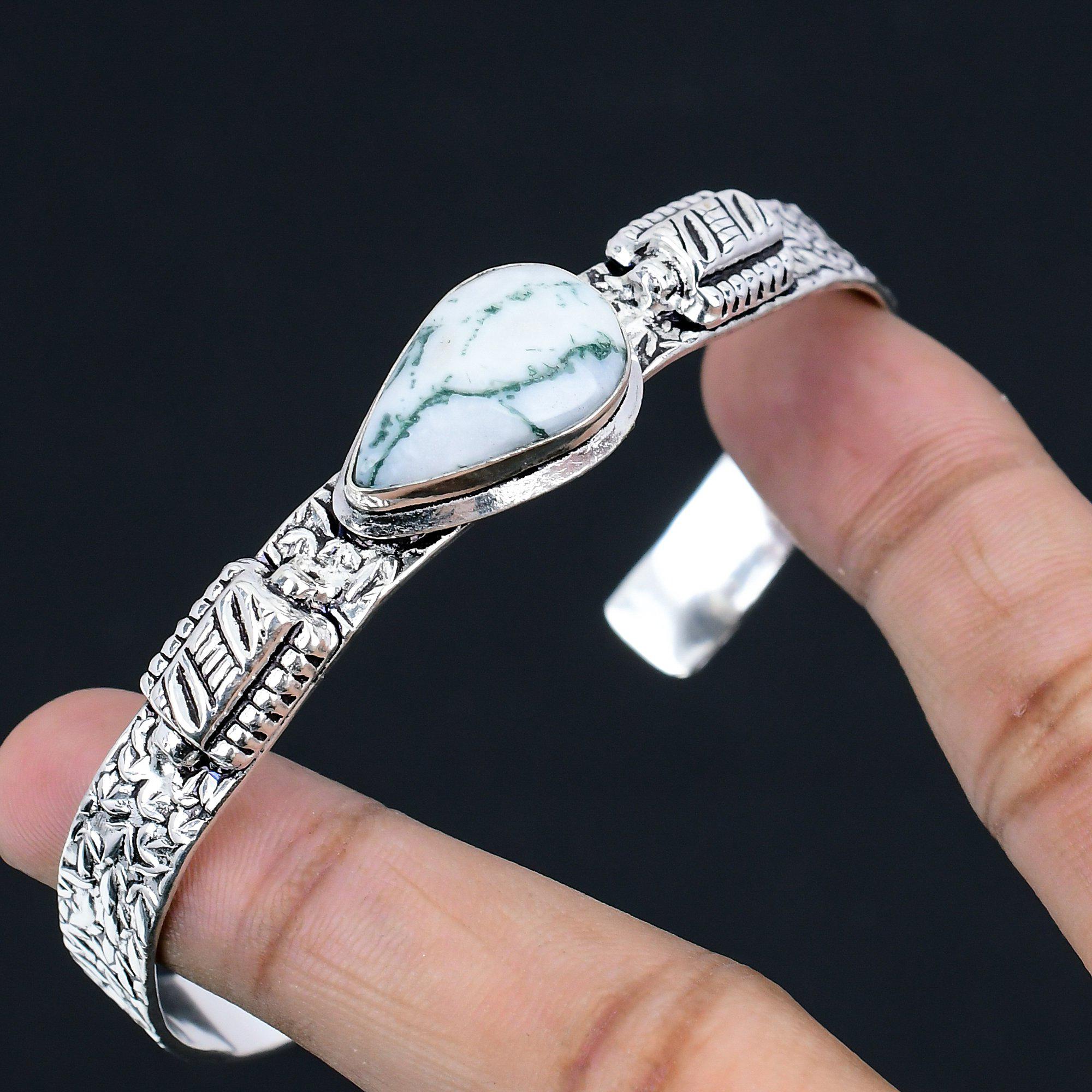 Natural Tree Agate Gemstone 925 Sterling Silver Bangle Adjustable For Girls