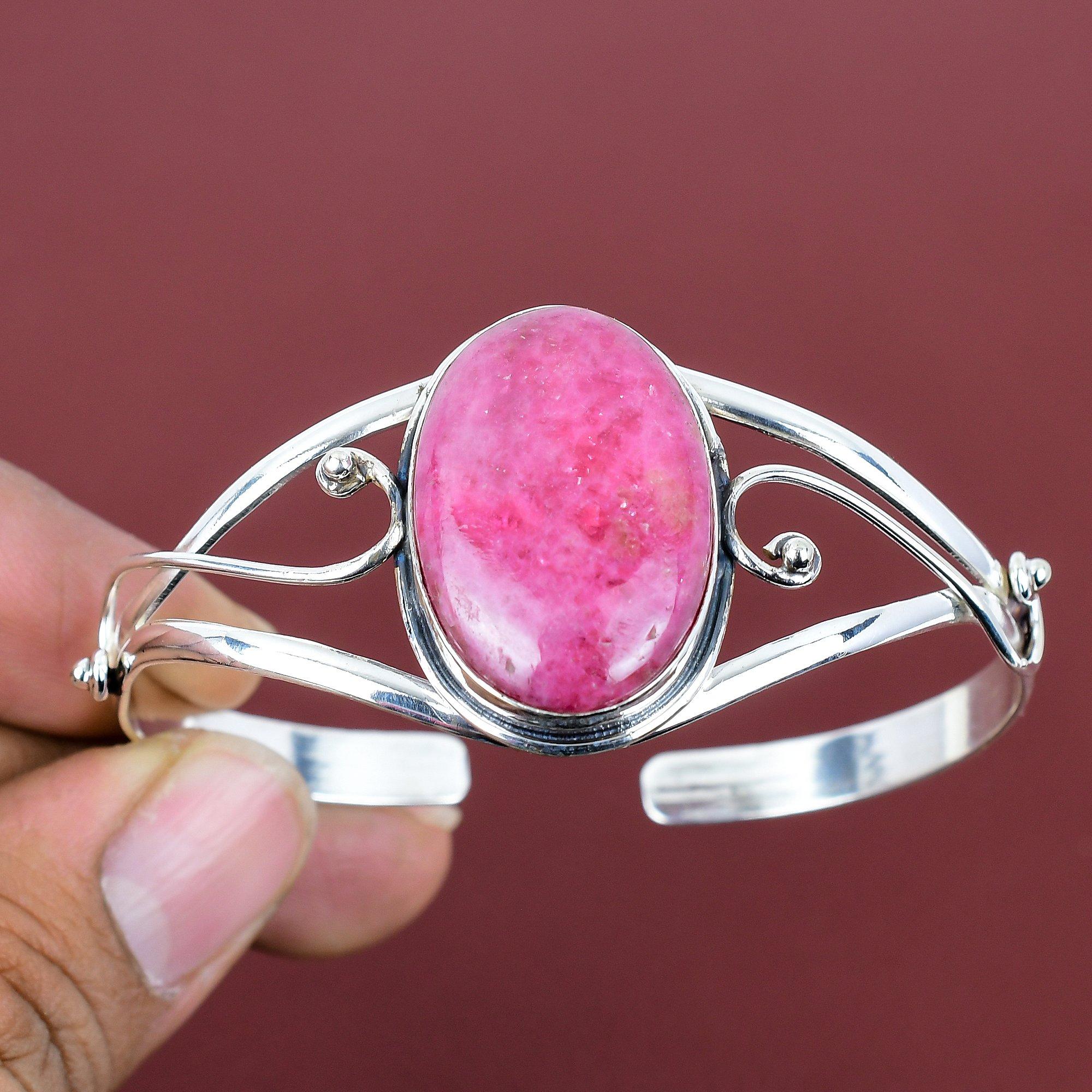 Rhodonite Gemstone Bangle 925 Sterling Silver Cuff Bracelet Elegant Jewelry Adjustable Bangle Handmade Bracelet Wedding Gifts Silver Jewelry