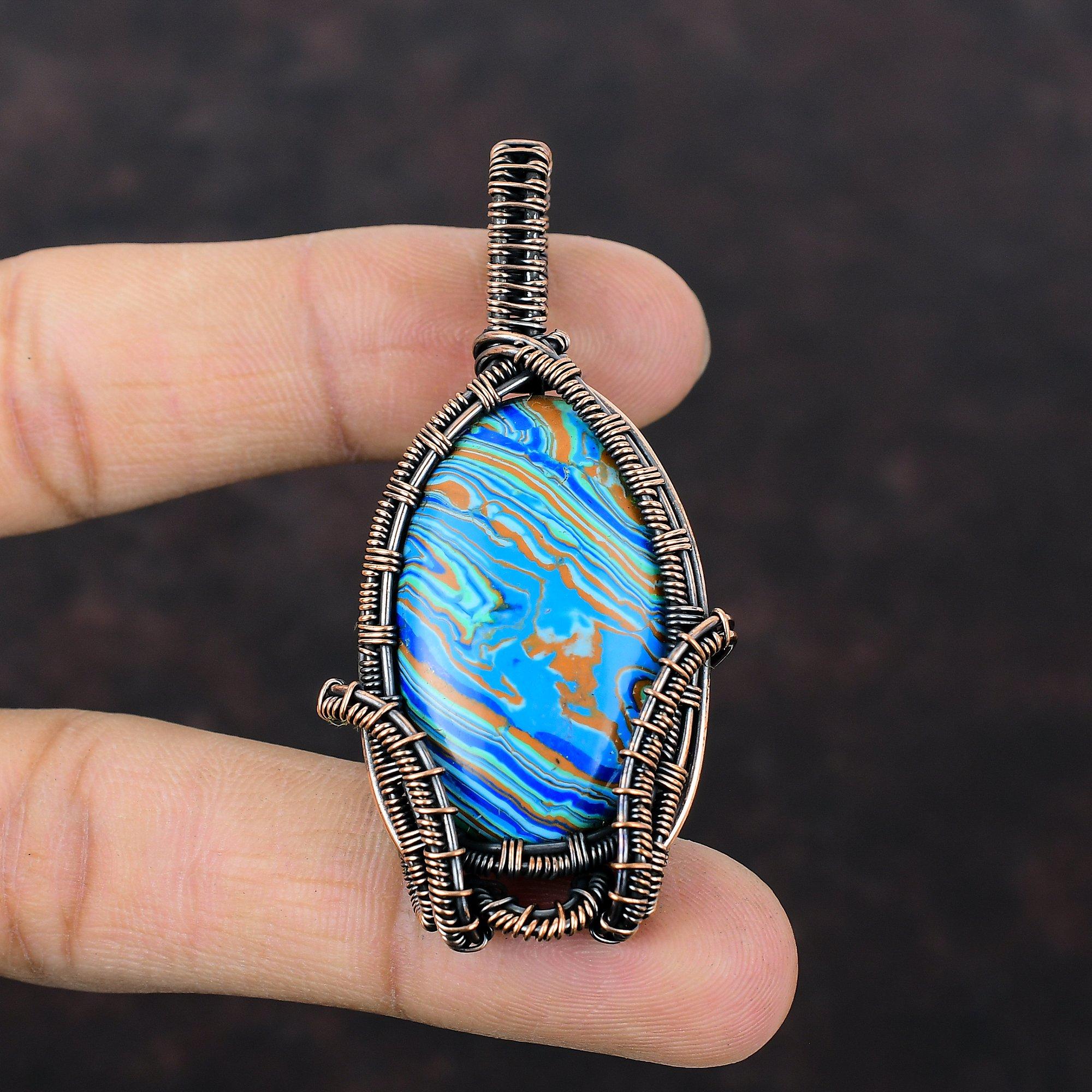 Regenbogen Calsilica Anhänger Kupferdraht gewickelter Anhänger Antikschmuck Edelsteinanhänger Handgefertigter Anhänger Erstaunlicher Kupferschmuck Geschenk für Ihn