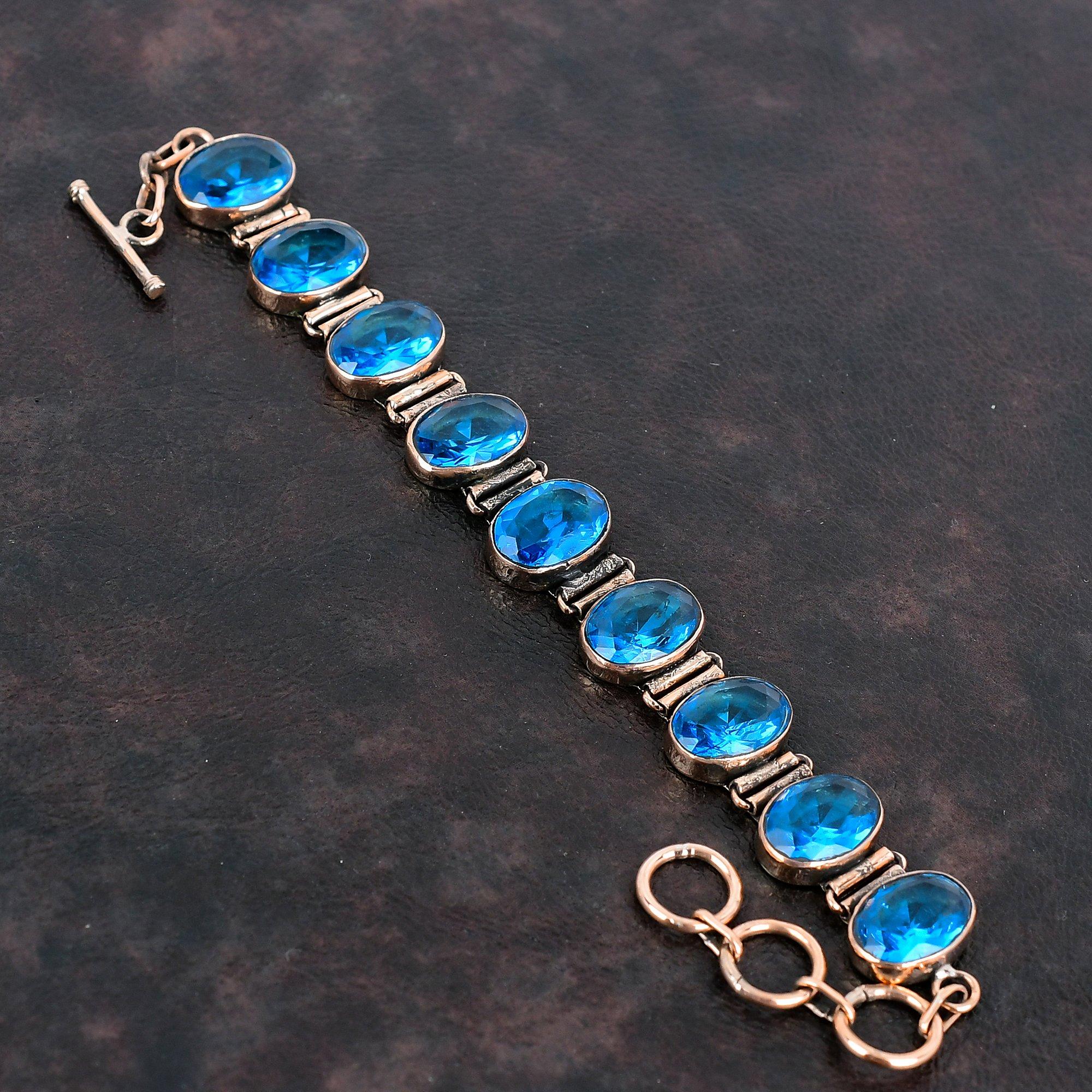 Faceted Swiss Blue Topaz Bracelet Copper Bracelet Adjustable Chain Bracelet Awesome Copper Jewelry Gemstone Handmade Bracelet Gifts For Him