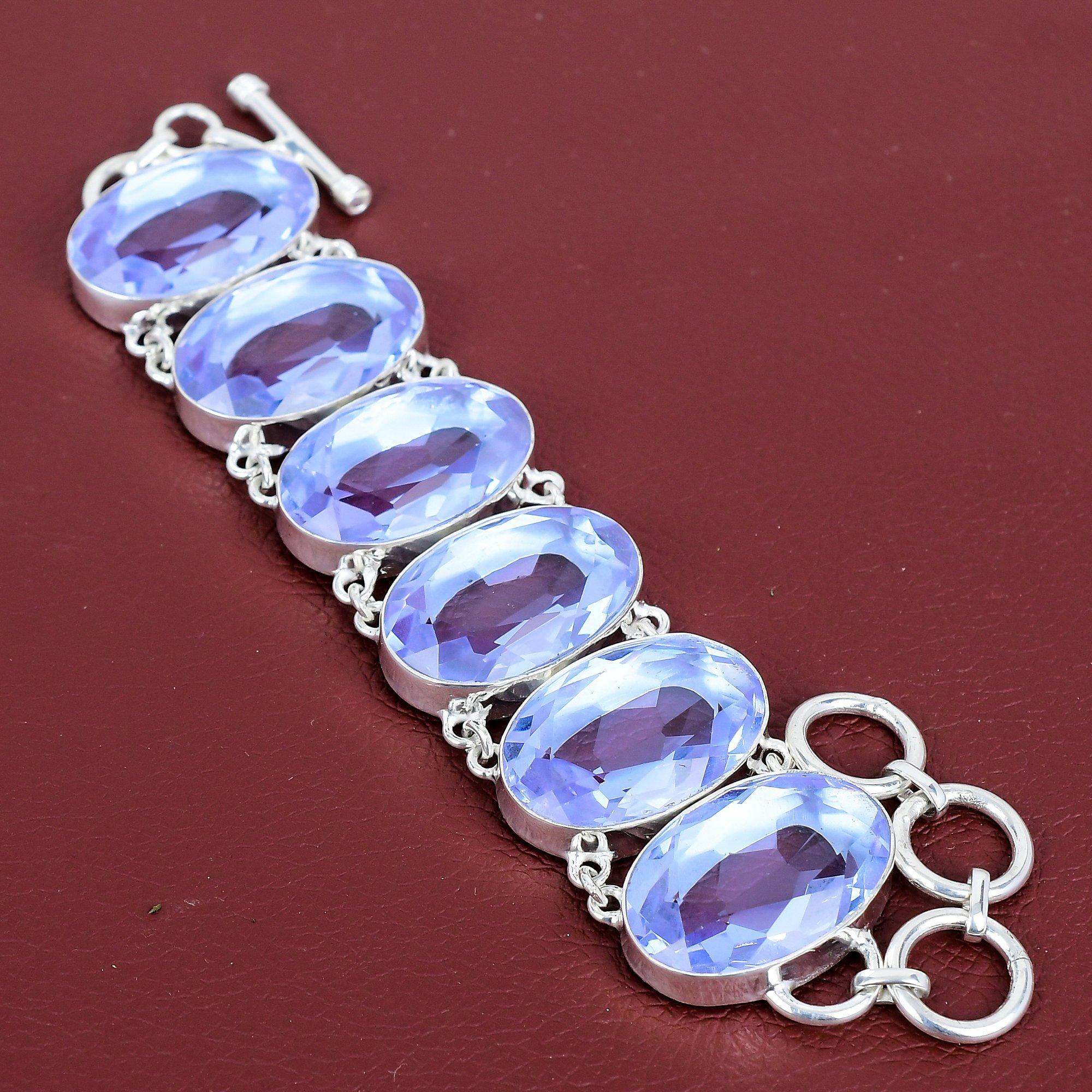 Faceted Tanzanite Quartz Bracelet Genuine Gemstone Bracelet 925 Sterling Silver Bracelet Adjustable Chain Bracelet Handmade Jewelry for Gift