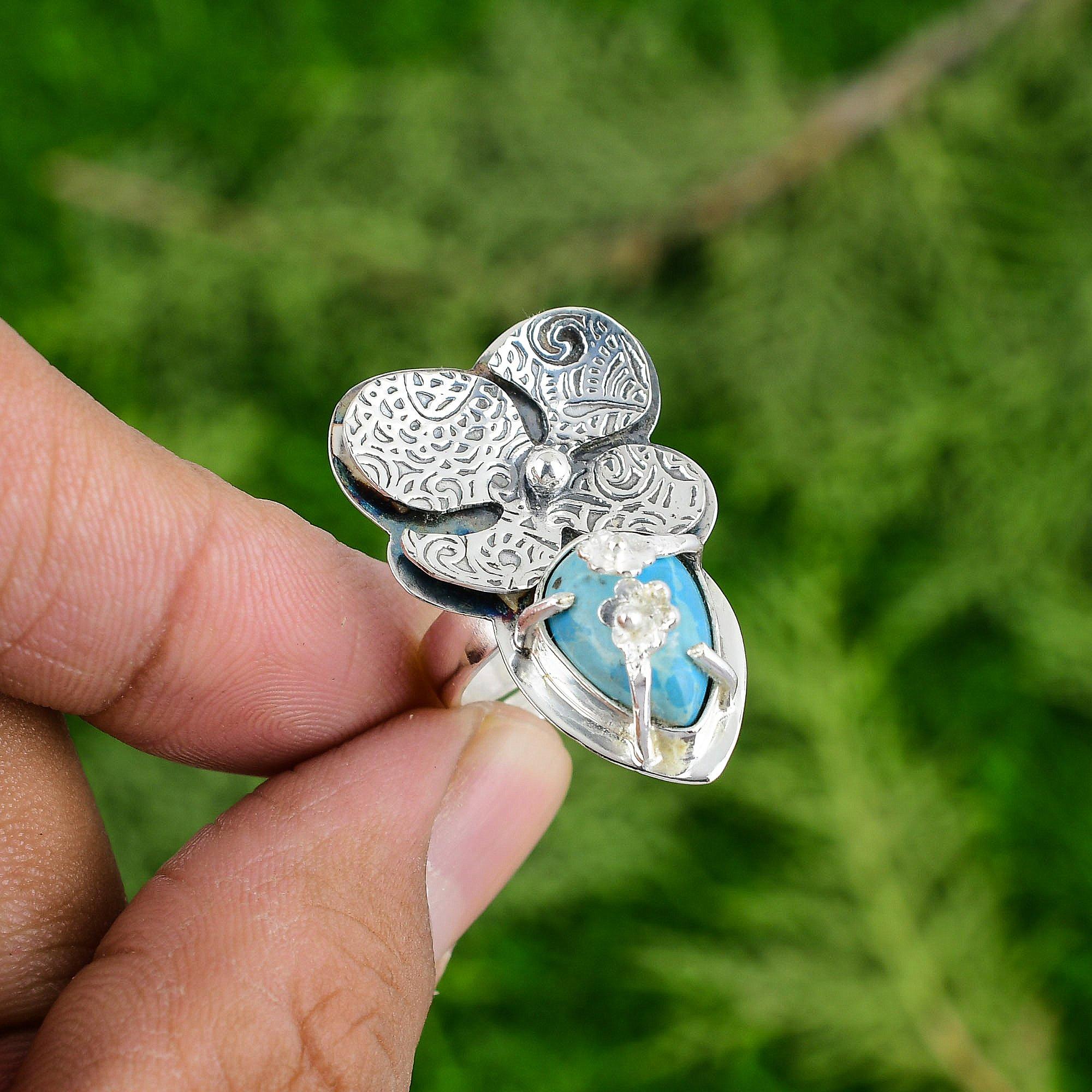 Sterling Silver Sleeping Beauty Turquoise Gemstone Solitaire Ethnic Flower Ring