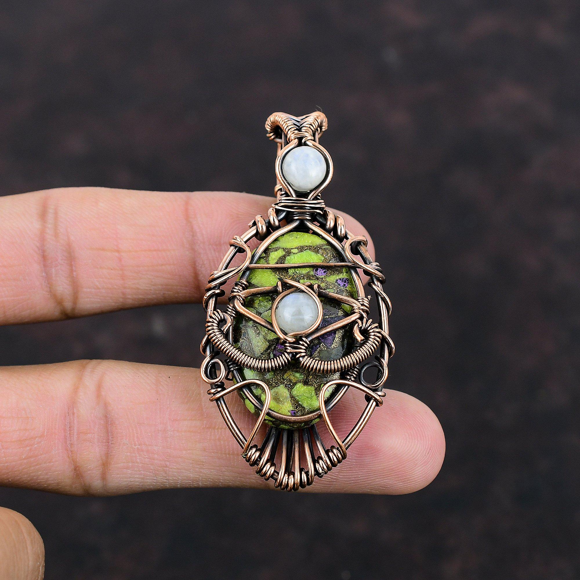 Evil Eye Copper Stichtite Pendant Copper Wire Wrapped Pendant Rainbow Moonstone Jewelry Handmade Gemstone Pendant Copper Jewelry For Gift