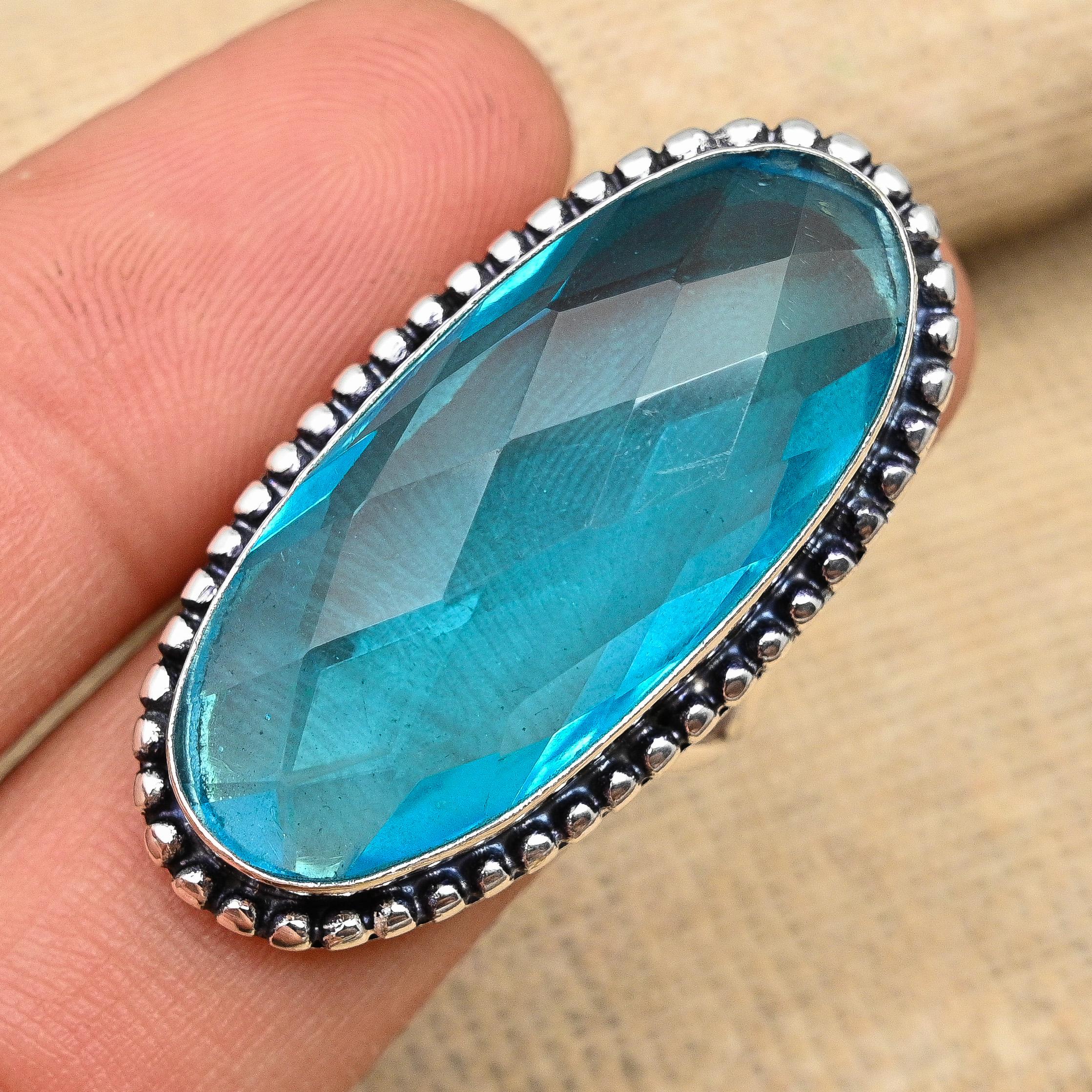 Blue Topaz Gemstone Handmade Solid 925 Sterling Silver Ring Jewelry