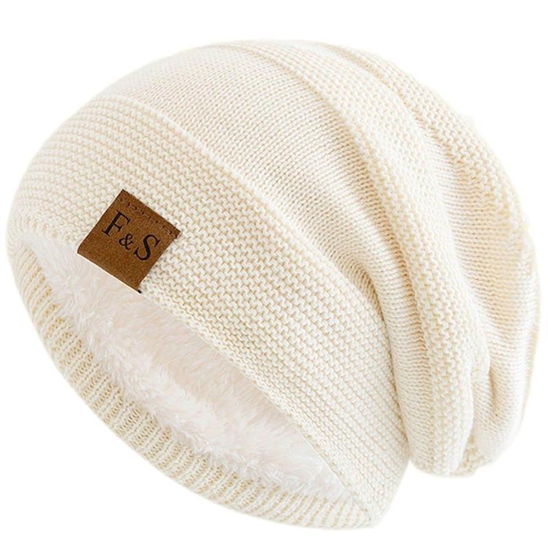 New Unisex Slouchy Winter Hats Add Fur Lined Men And Women Warm Beanie Cap Casual Label Decor Winter Knitted Hats