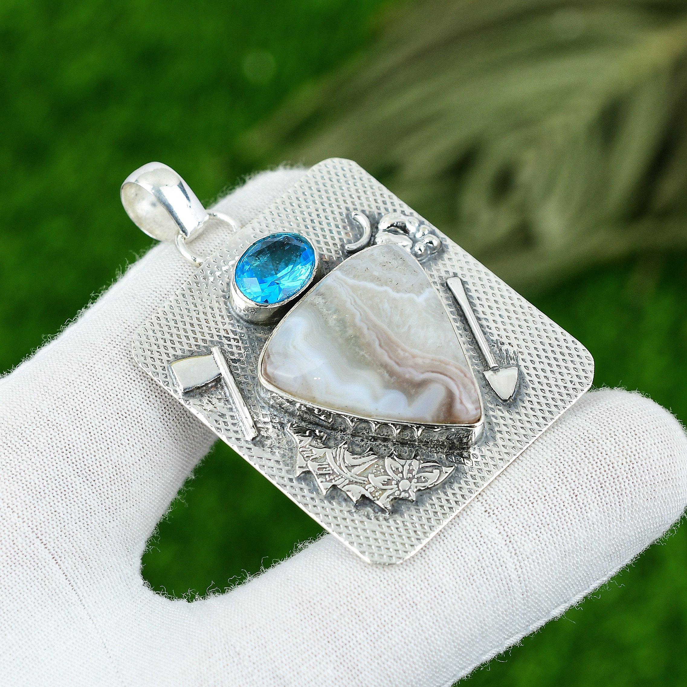 Natural Crazy Lace Agate Gemstone Jewelry 925 Sterling Silver Pendant For Women