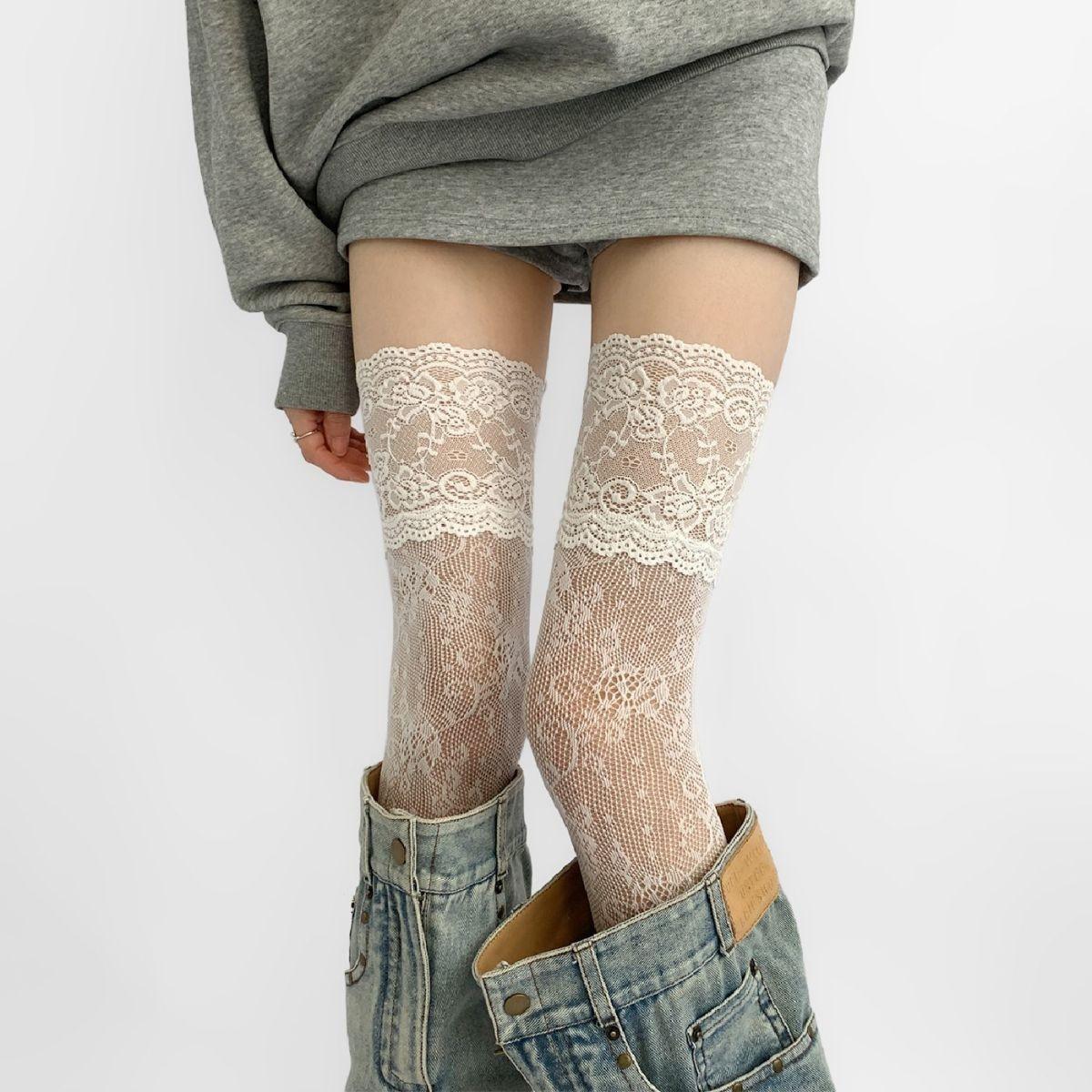 Women's Sexy Lace Trim Nylon Fishnet Stockings Retro Floral Sweet Mesh Breathable Thigh High Long Socks JK Over The Knee Socks