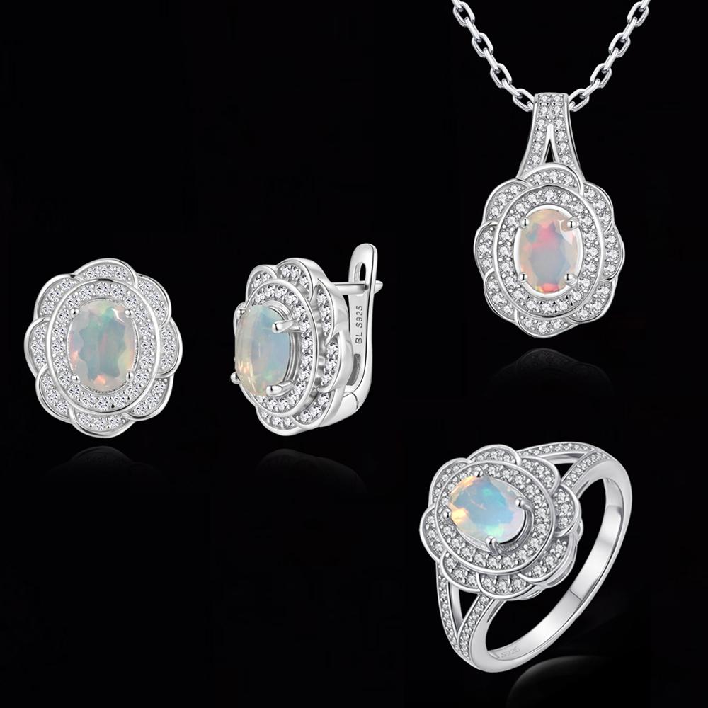 Precious Light luxury gemstone Natural opal October Birthstone Ring Earrings Necklace Set 925 silver fine jewelry gift for women