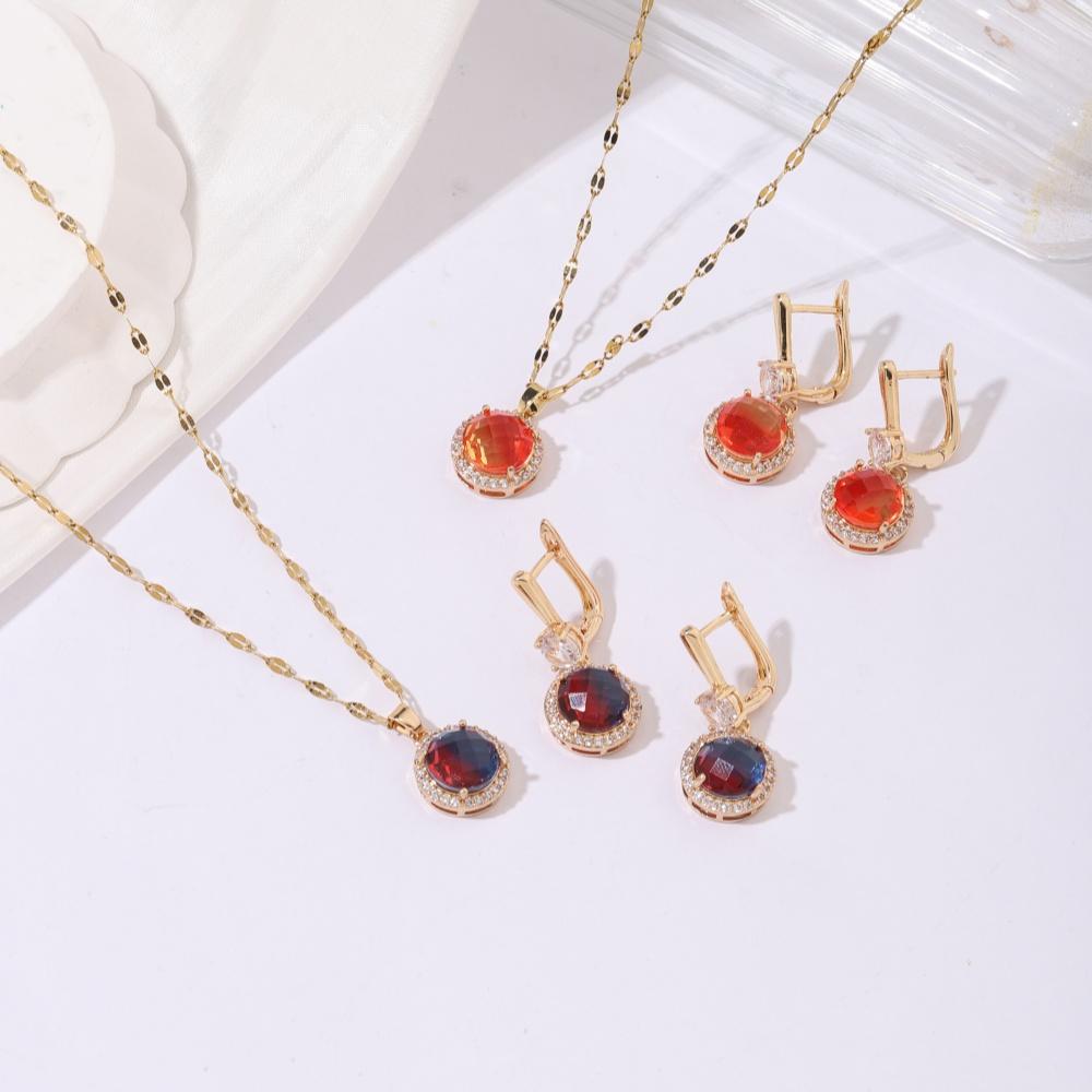 3pcs/set Luxurious  Colorful Cubic Zirconia Round Dangle Earrings Jewelry Sets for Women Wedding Daily Accessories with Stainless Steel Necklace
