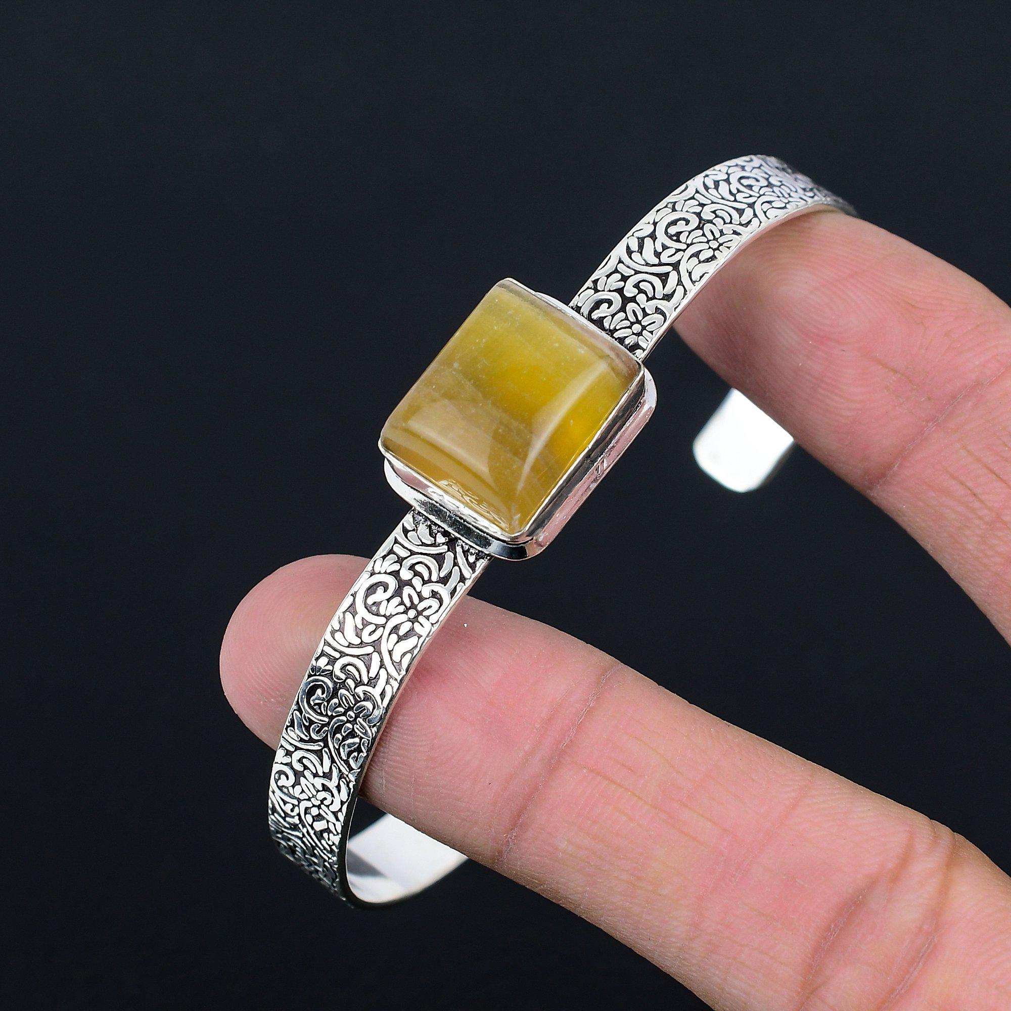 Natural Multi Fluorite Gemstone Bangle Yellow Adjustable 925 Sterling Silver