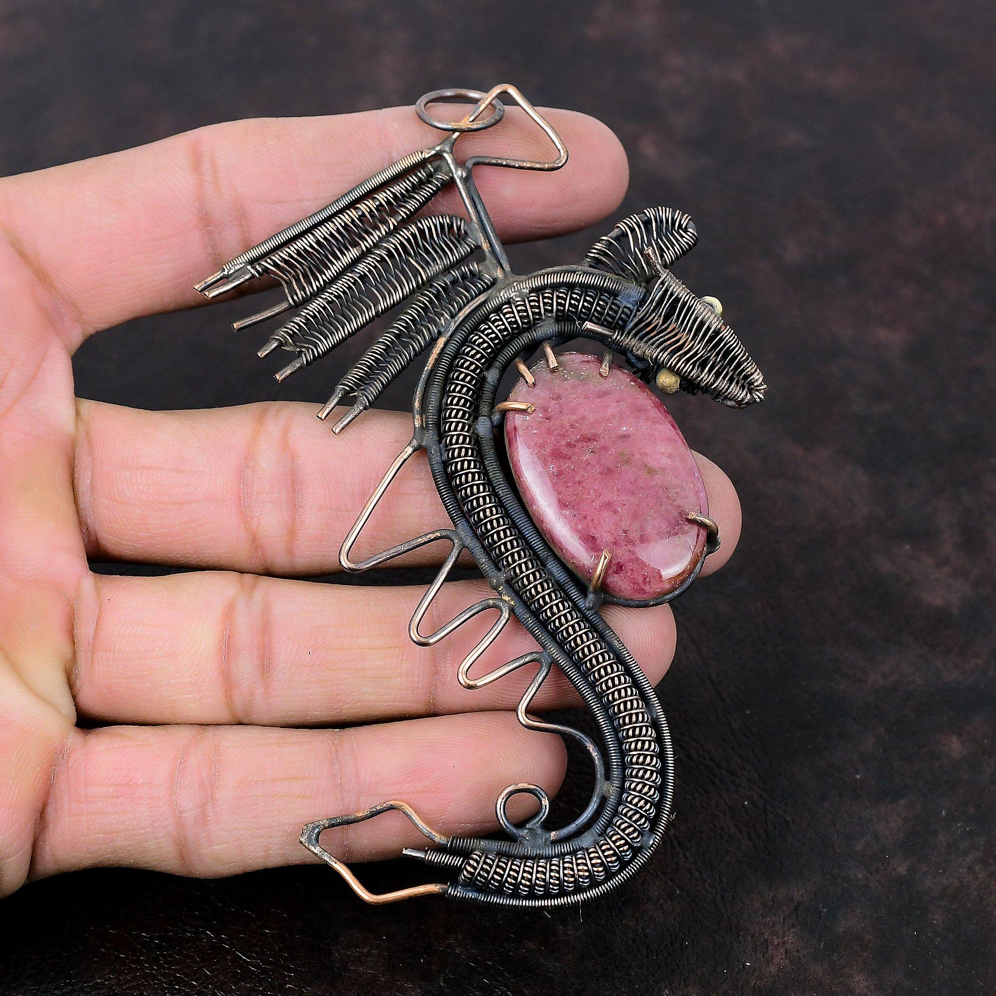 Rhodonite Pendant Copper Wire Wrapped Pendant Original Gemstone Jewelry Handmade Dragon Pendant Copper Wire Wrapped Jewelry Gift For Mother