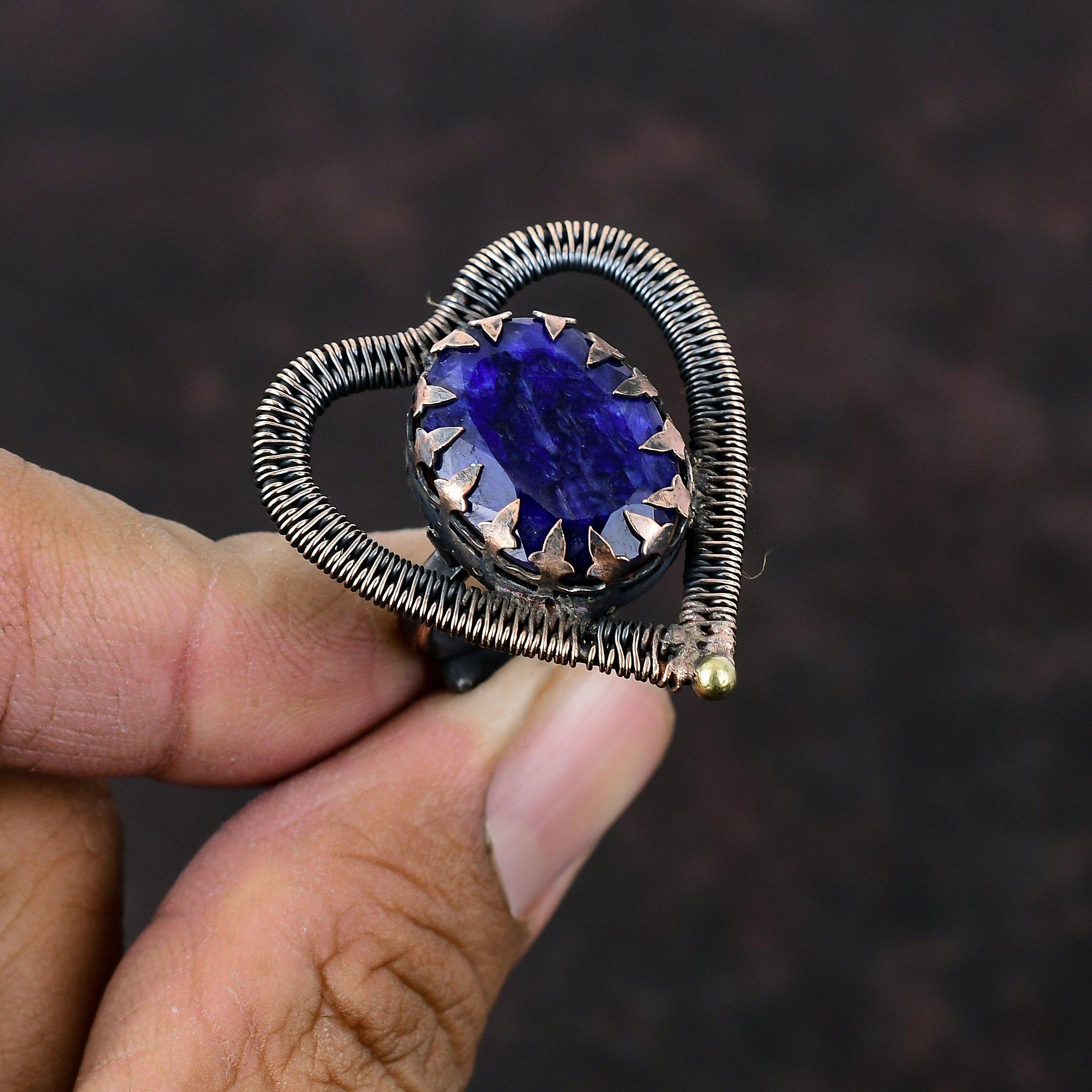 Faceted Blue Sapphire Ring Copper Wire Wrapped Ring Adjustable Ring Copper Jewelry Gemstone Ring Handmade Ring Designer Jewelry Gift For Him