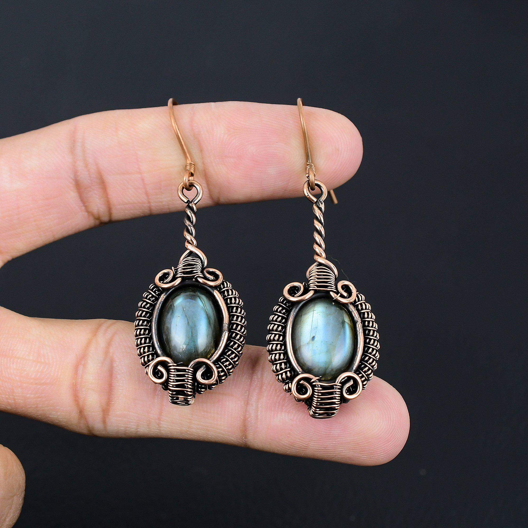 Labradorite Gemstone Handmade Pure Copper Wire Wrapped Earring Jewelry For Thanksgiving