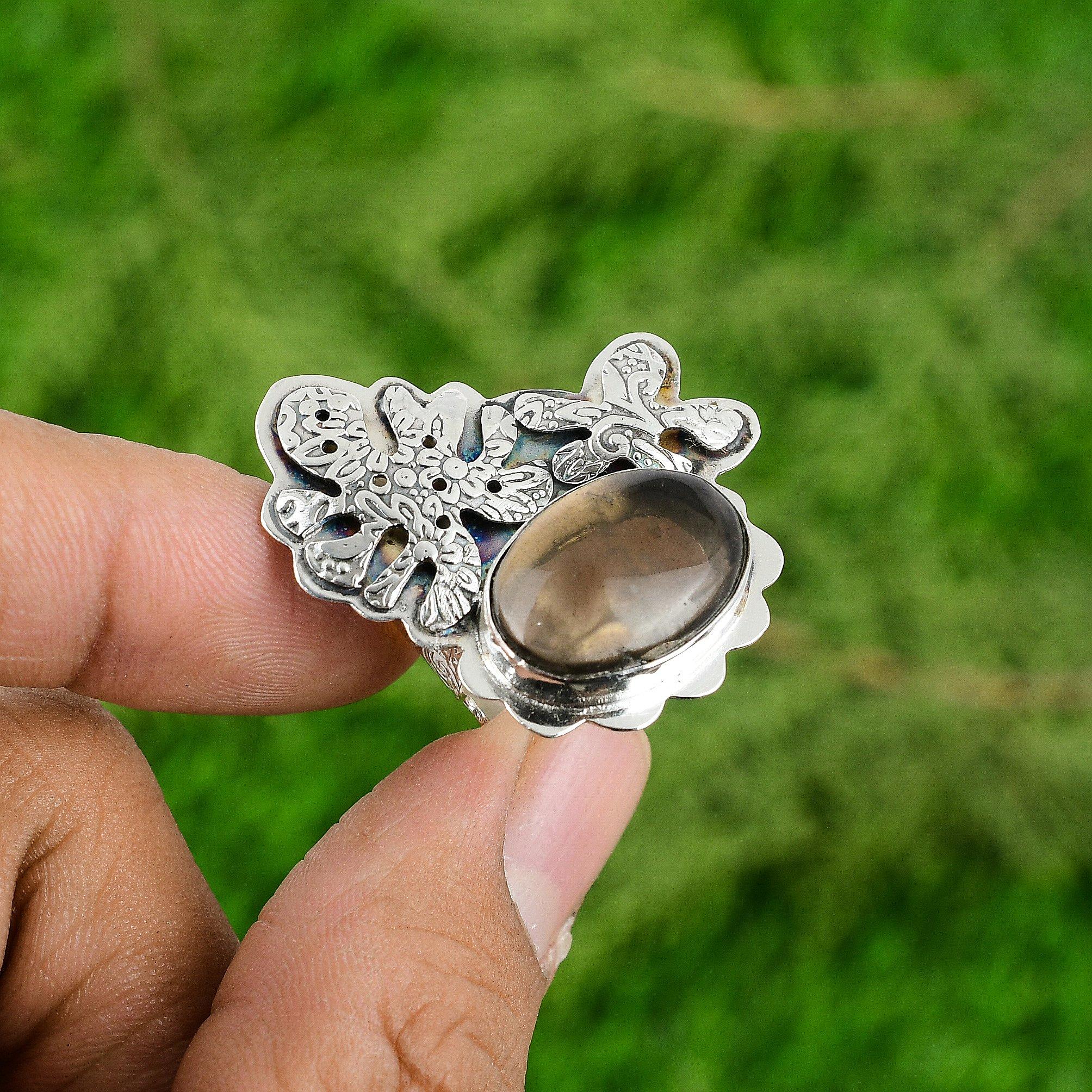 Gift For Her Natural Smoky Quartz Stackable Adjustable Ring 925 Silver